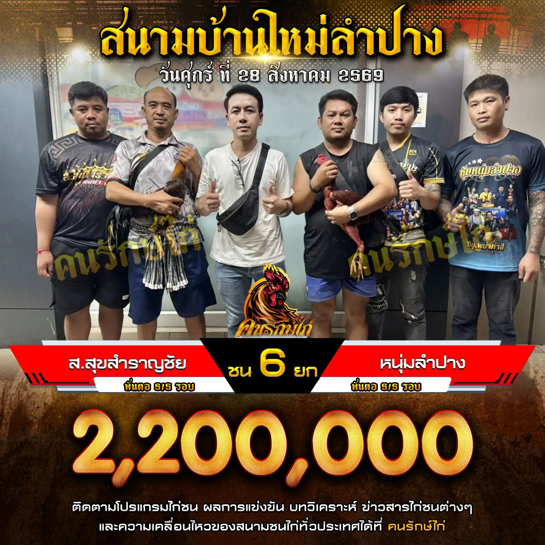 ส.สุขสำราญชัย VS หนุ่มลำปาง กำหนดชน 6 ยก ชิงเงินรางวัล 2,200,000 บาท 28 สิงหาคม 2569