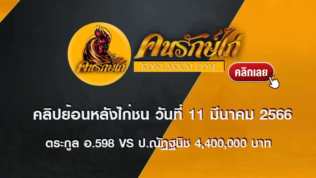 คลิปไก่ชนย้อนหลัง วันที่ 11 มีนาคม 2566 เป็นการเจอกับระหว่าง ตระกูล อ.598 vs ป.ณัฏฐนิช ชิงเงินรางวัล 4,400,000 บาท