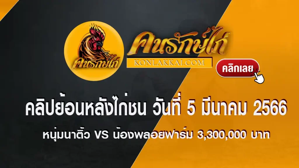 คลิปไก่ชนย้อนหลัง วันที่ 5 มีนาคม 2566 หนุ่มนาติ้ว vs น้องพลอยฟาร์ม ชิงเงินรางวัล 3,300,000 บาท