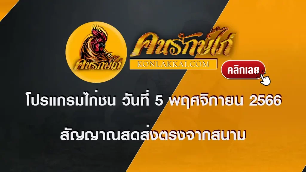 โปรแกรมไก่ชน วันที่ 5 พฤศจิกายน 2566 สนามชนไก่เจ้านายน้อย อันดามันซิตี้ ส.ยิ่งเจริญ และ DDอนันตชัย