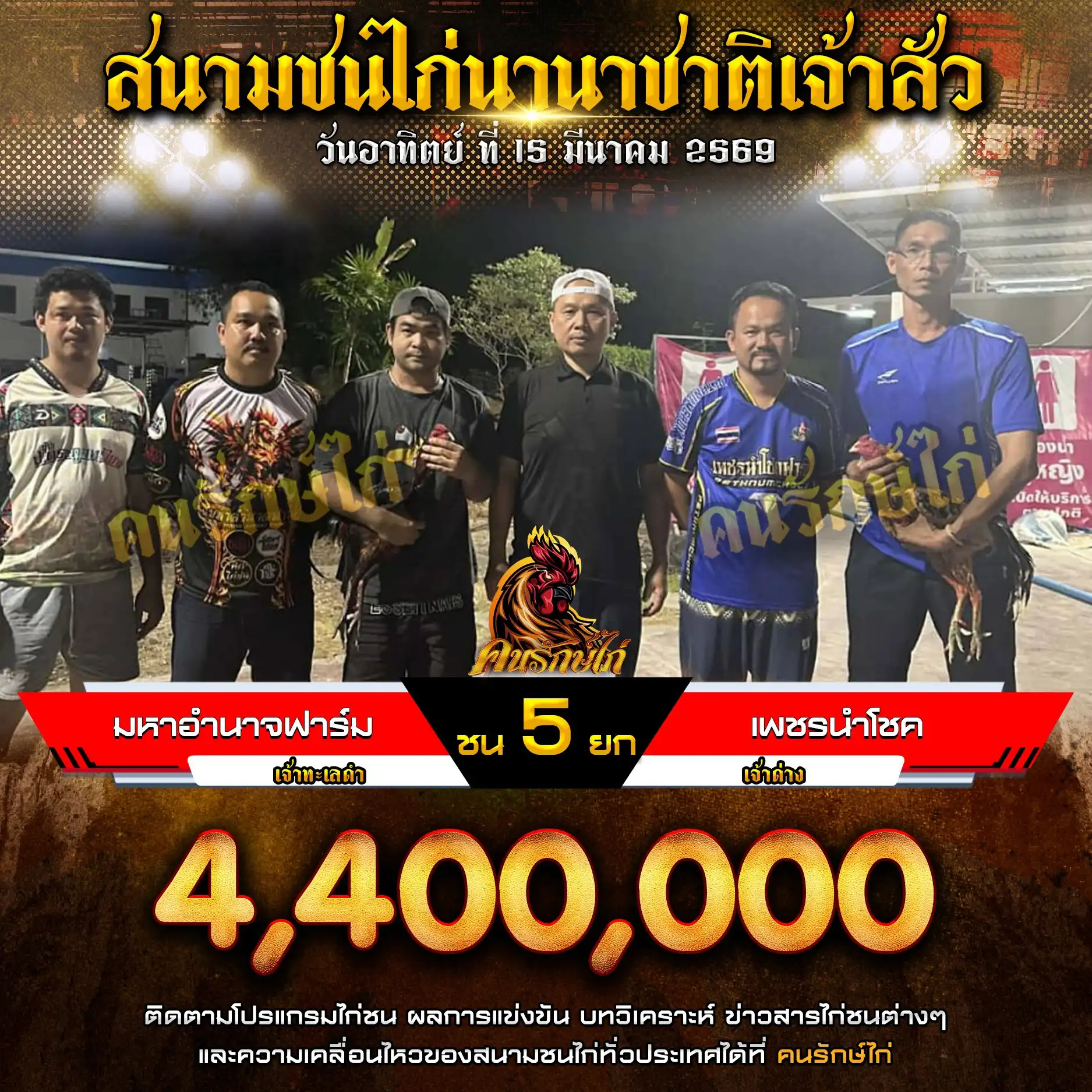 มหาอำนาจฟาร์ม VS เพชรนำโชค กำหนดชน 5 ยก ชิงเงินรางวัล 4,400,000 บาท 15 มีนาคม 2569

