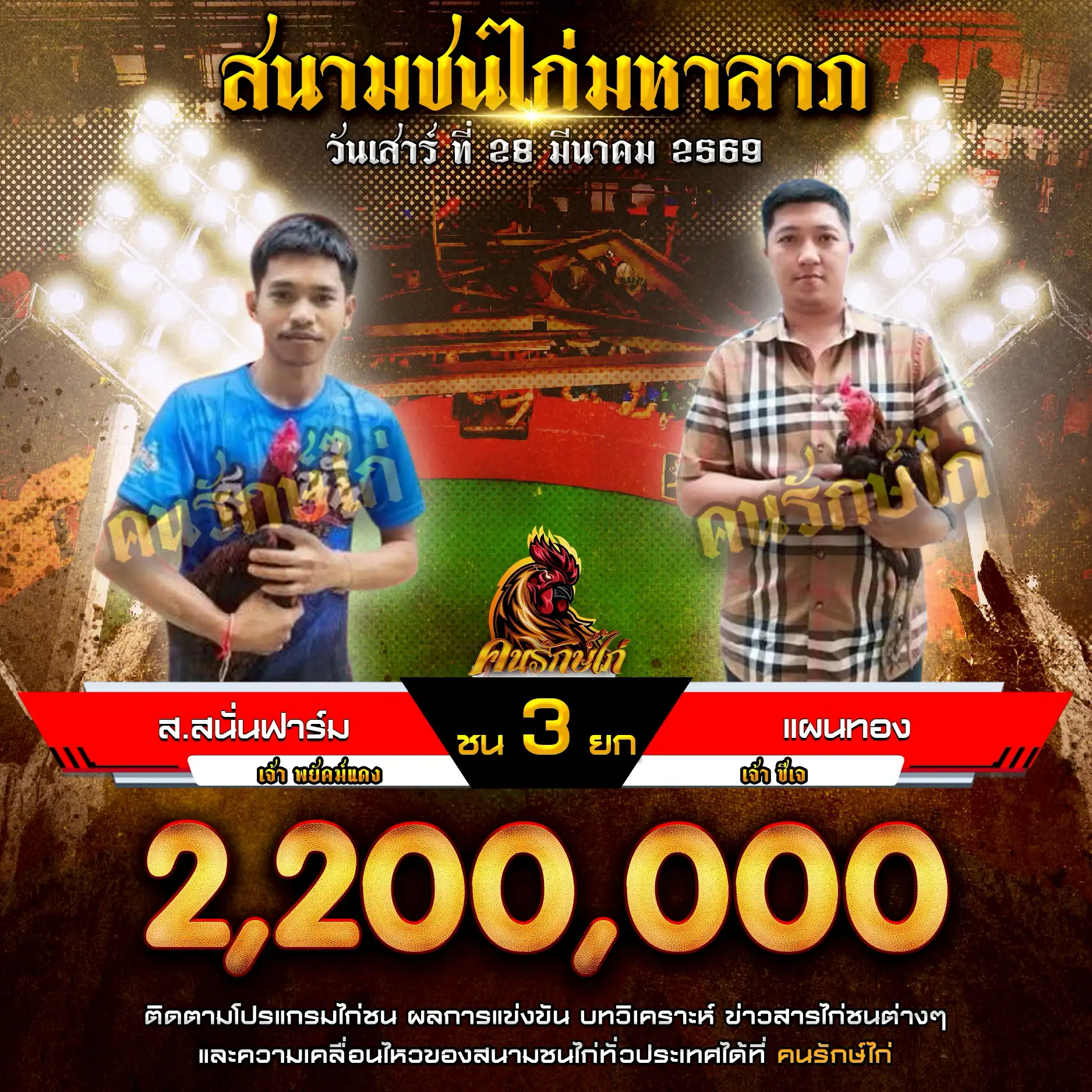 ส.สนั่นฟาร์ม VS แผนทอง กำหนดชน 3 ยก ชิงเงินรางวัล 2,200,000 บาท 28 มีนาคม 2569