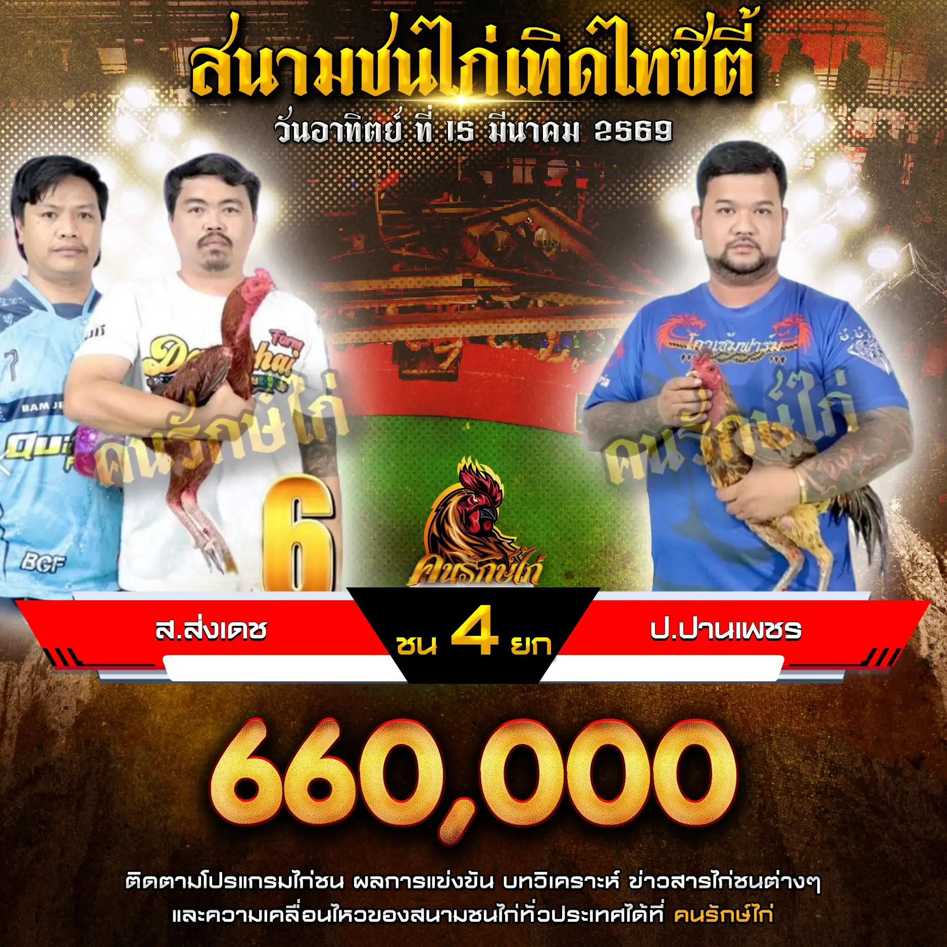 ส.ส่งเดช VS ป.ปานเพชร กำหนดชน 4 ยก ชิงเงินรางวัล 660,000 บาท 15 มีนาคม 2569
