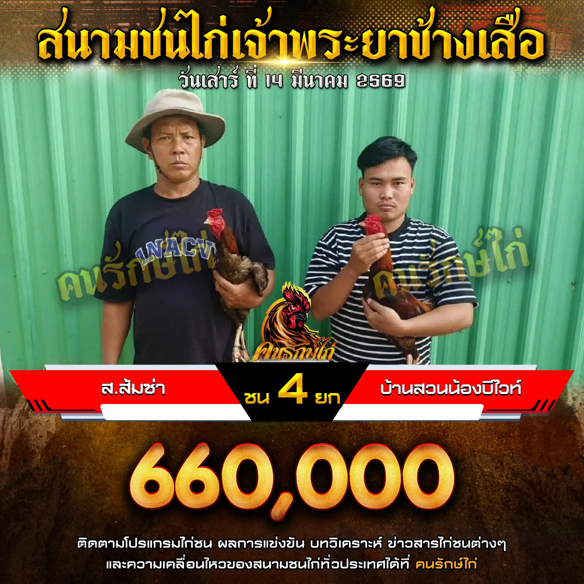 ส.ส้มซ่า VS บ้านสวนน้องบีไวท์ กำหนดชน 4 ยก ชิงเงินรางวัล 1,100,000 บาท 14 มีนาคม 2569