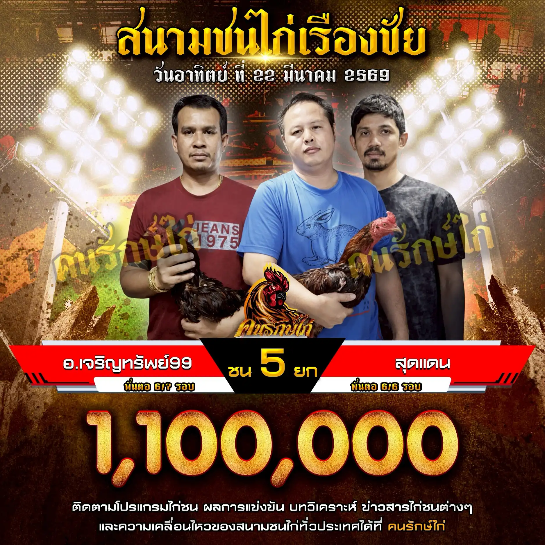 อ.เจริญทรัพย์99 VS สุดแดน กำหนดชน 5 ยก ชิงเงินรางวัล 1,100,000 บาท 22 มีนาคม 2569