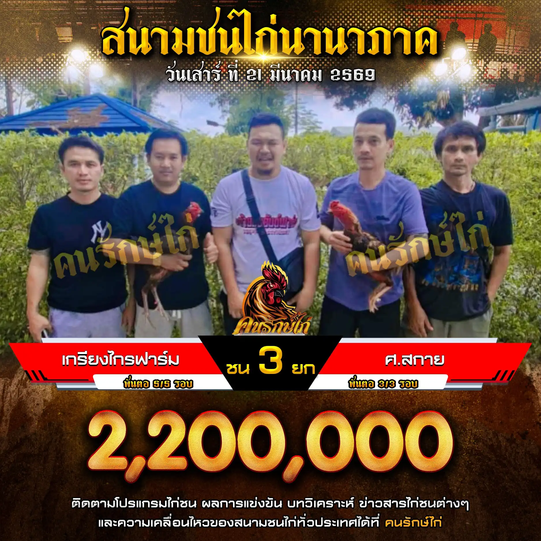 เกรียงไกรฟาร์ม VS ศ.สกาย กำหนดชน 3 ยก ชิงเงินรางวัล 2,200,000 บาท 21 มีนาคม 2569