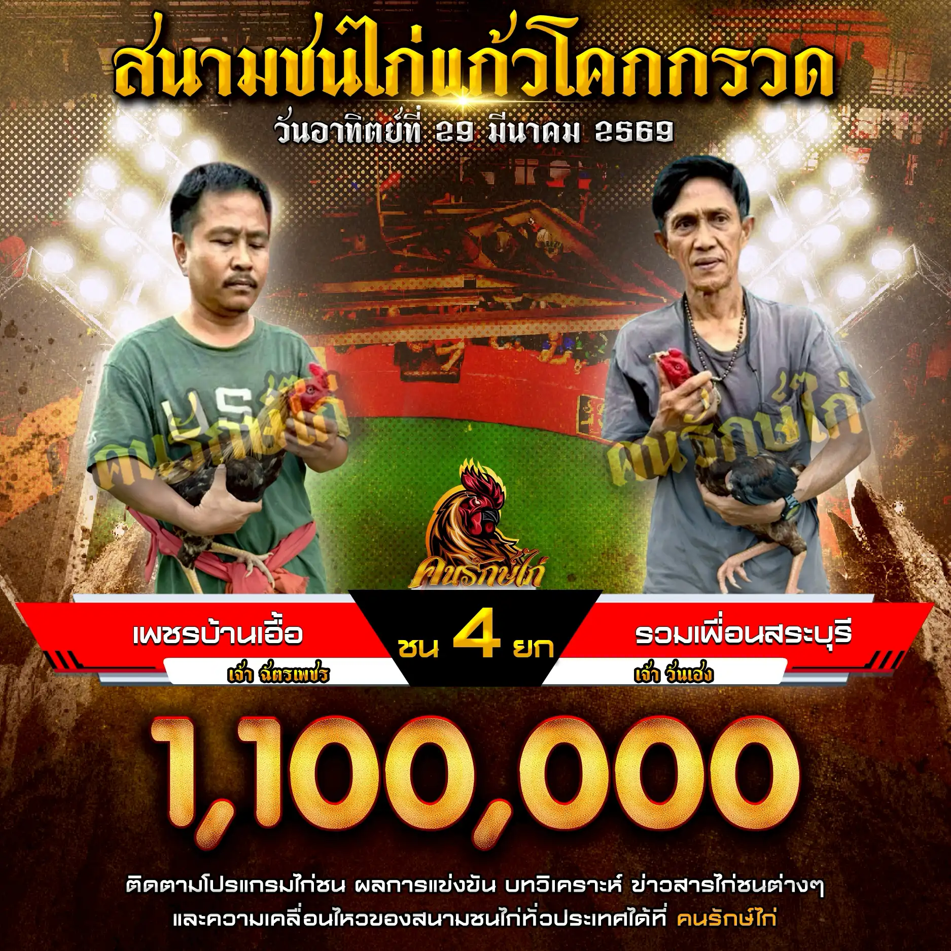 เพชรบ้านเอื้อ VS รวมเพื่อนสระบุรี กำหนดชน 4 ยก ชิงเงินรางวัล 1,100,000 บาท 29 มีนาคม 2569
