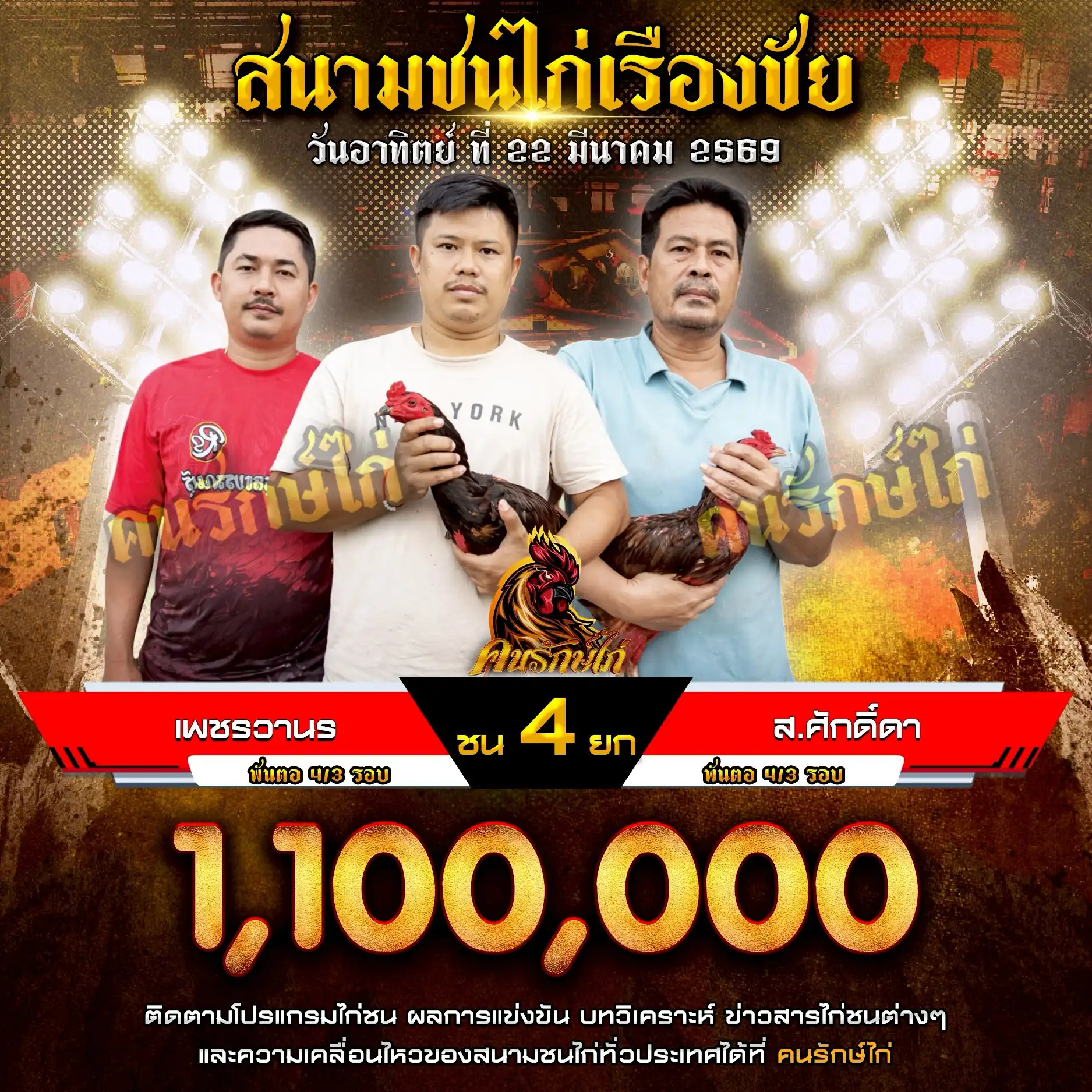 เพชรวานร VS ส.ศักดิ์ดา กำหนดชน 4 ยก ชิงเงินรางวัล 1,100,000 บาท 22 มีนาคม 2569