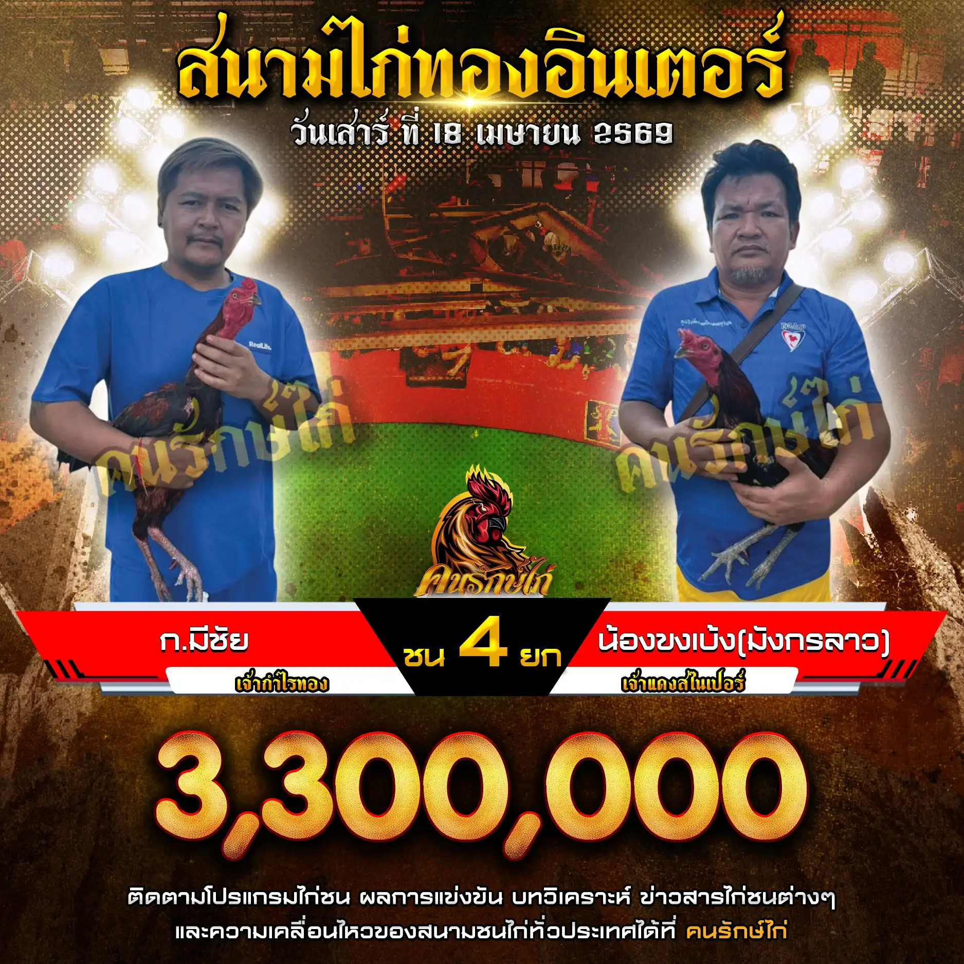ก.มีชัย VS น้องขงเบ้ง(มังกรลาว) กำหนดชน 4 ยก ชิงเงินรางวัล 3,300,000 บาท 18 เมษายน 2569 