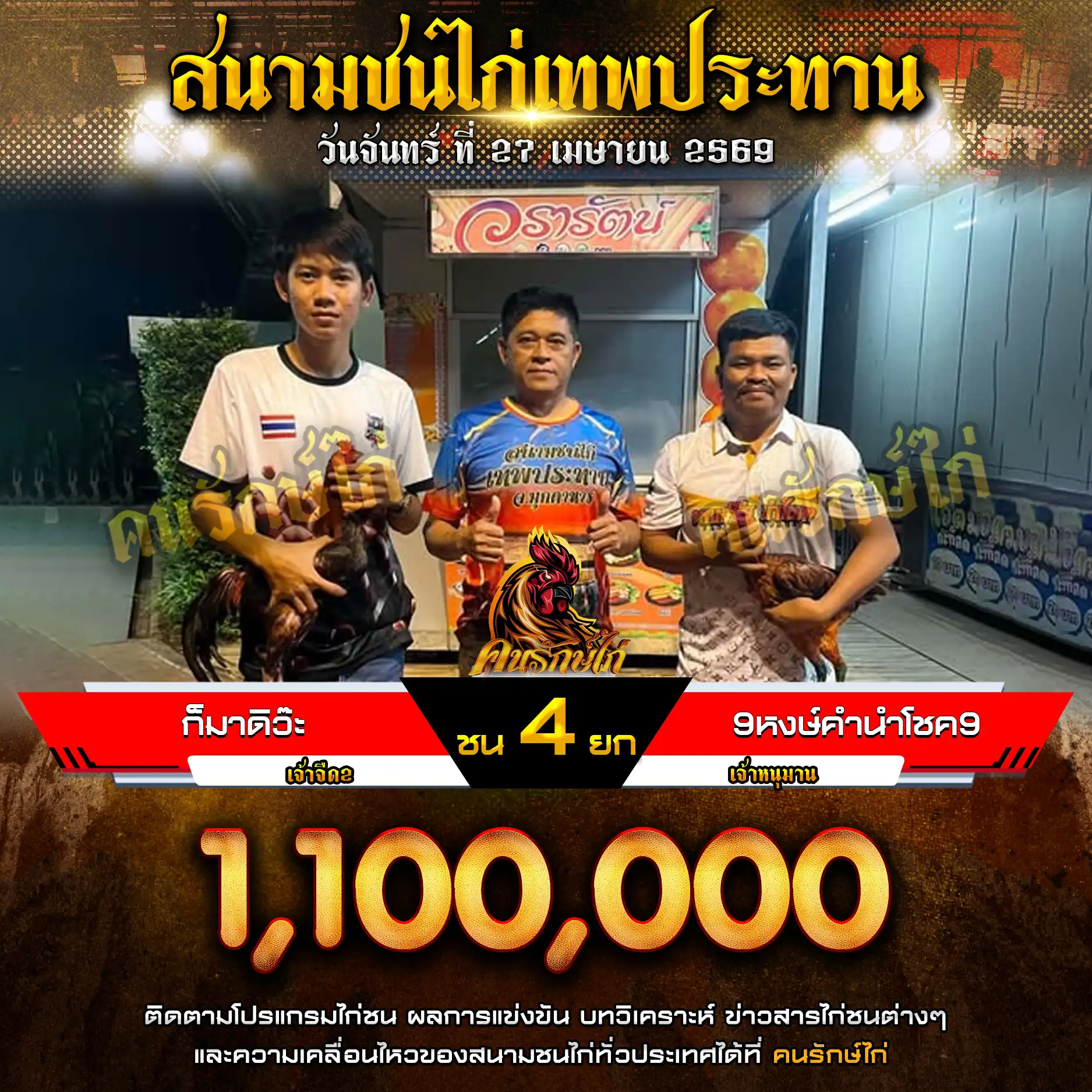 ก็มาดิว๊ะ VS 9หงษ์คำนำโชค9 กำหนดชน 4 ยก ชิงเงินรางวัล 1,100,000 บาท 27 เมษายน 2569