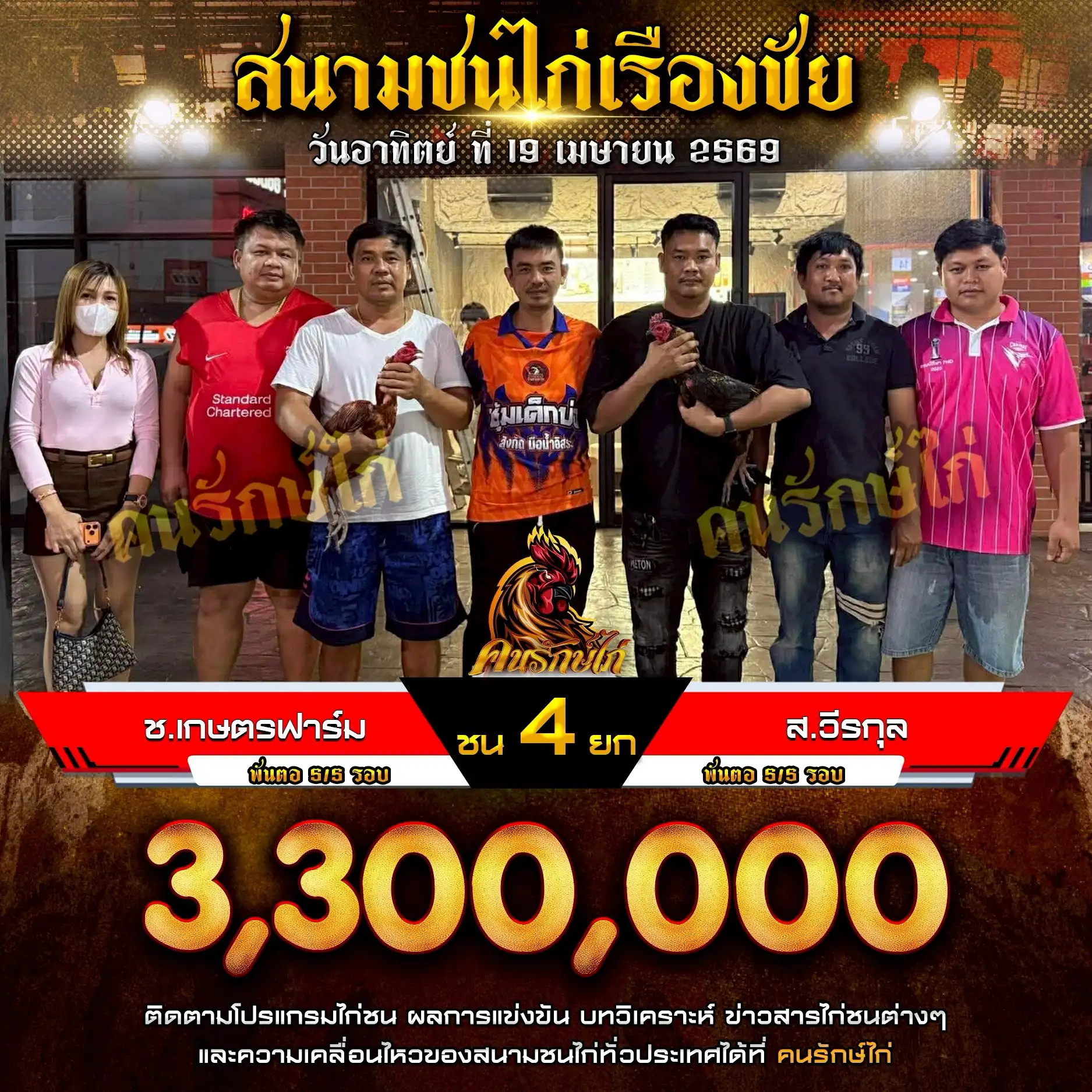 ช.เกษตรฟาร์ม VS ส.วีรกุล กำหนดชน 4 ยก ชิงเงินรางวัล 3,300,000 บาท 19 เมษายน 2569
