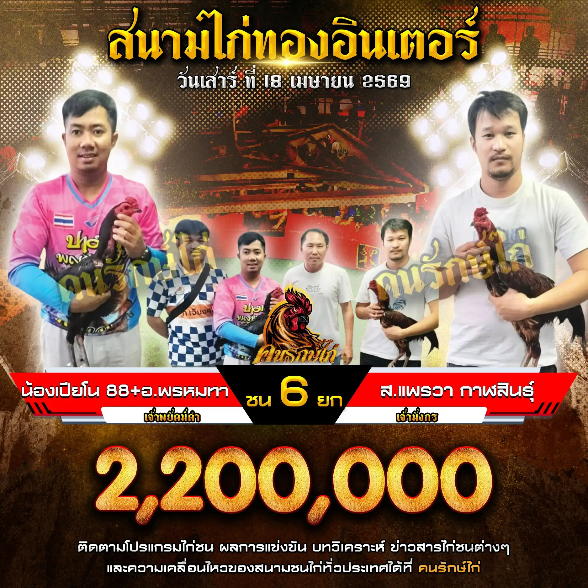 น้องเปียโน 88+อ.พรหมทา VS ส.แพรวา กาฬสินธุ์ กำหนดชน 6 ยก ชิงเงินรางวัล 2,200,000 บาท 18 เมษายน 2569 