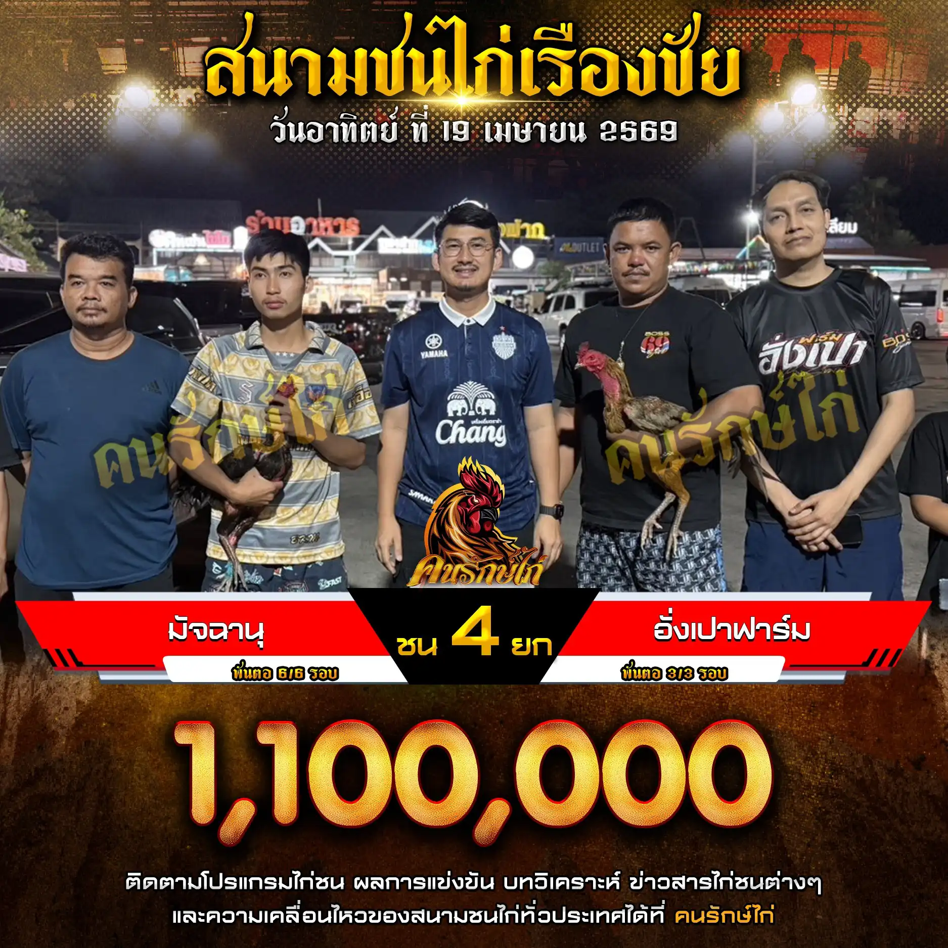 มัจฉานุ VS อั่งเปาฟาร์ม กำหนดชน 4 ยก ชิงเงินรางวัล 1,100,000 บาท 19 เมษายน 2569
