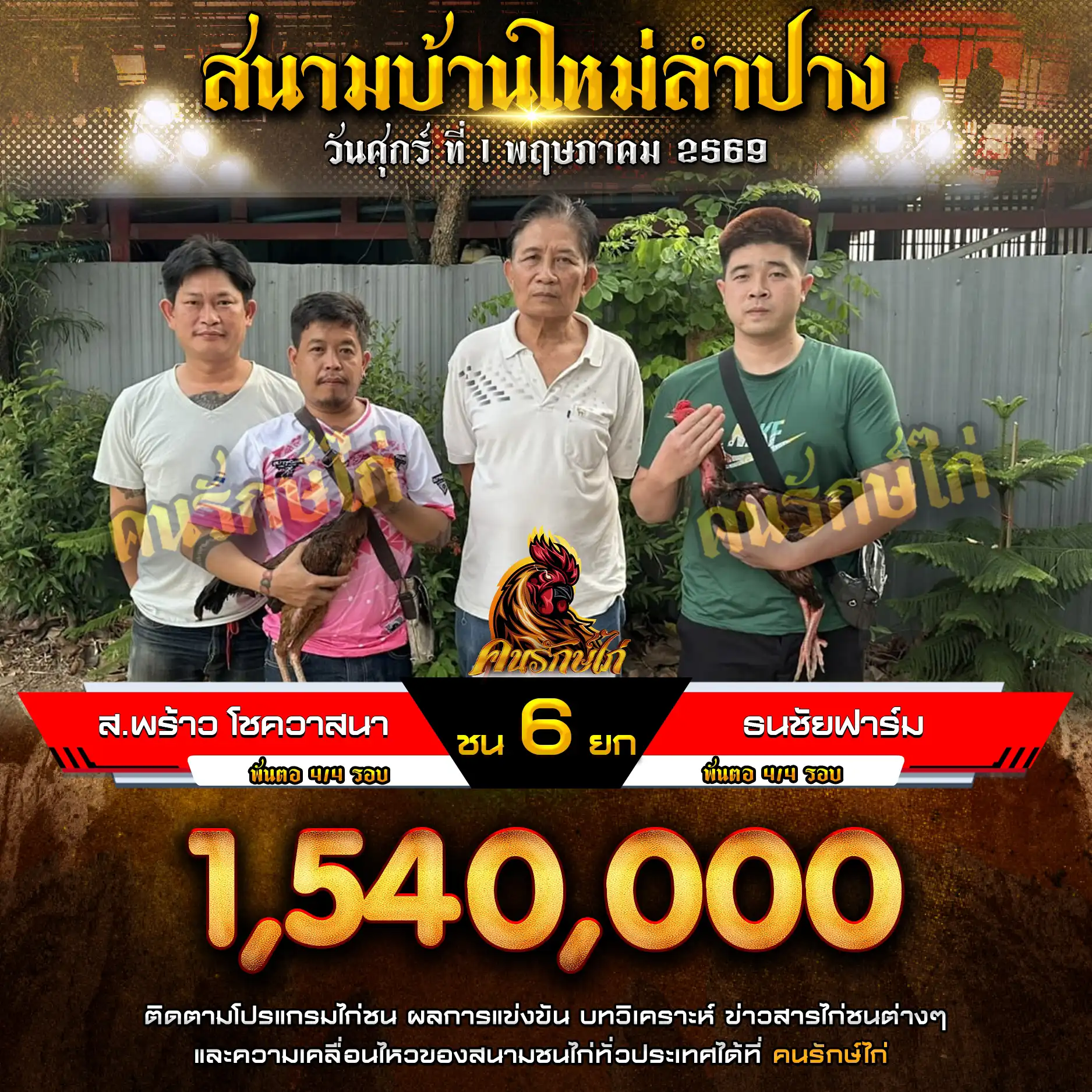 ส.พร้าว โชควาสนา VS ธนชัยฟาร์ม กำหนดชน 6 ยก ชิงเงินรางวัล 1,540,000 บาท 01 พฤษภาคม 2569
