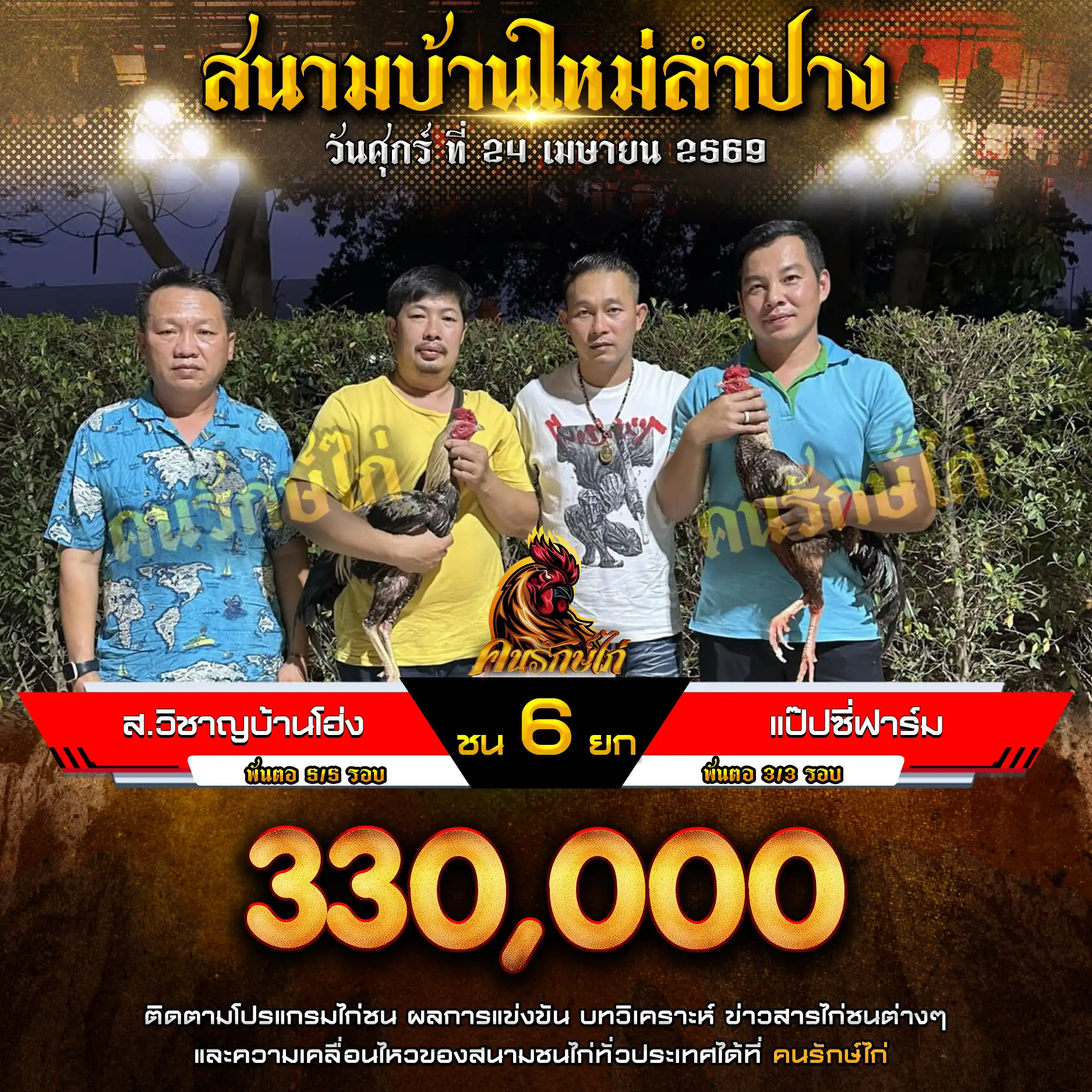 ส.วิชาญบ้านโฮ่ง VS เป๊ปซี่ฟาร์ม กำหนดชน 6 ยก ชิงเงินรางวัล 330,000 บาท 24 เมษายน 2569
