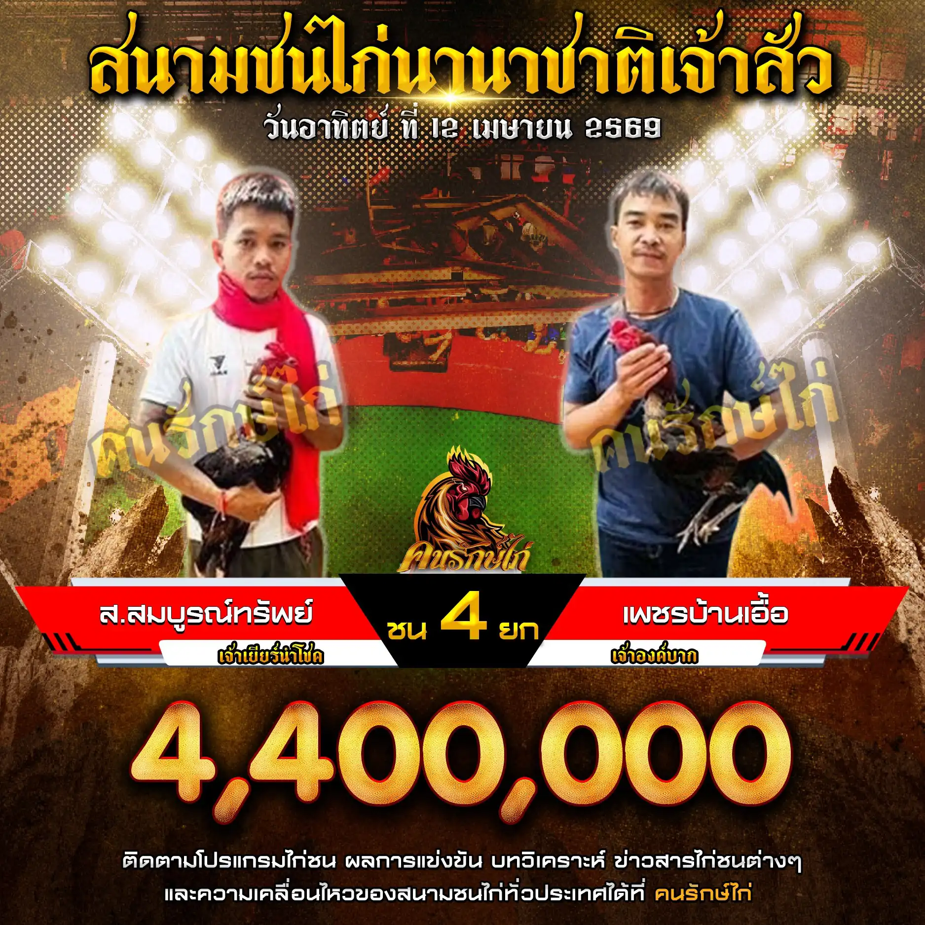 ส.สมบูรณ์ทรัพย์ VS เพชรบ้านเอื้อ กำหนดชน 4 ยก ชิงเงินรางวัล 4,400,000 บาท 12 เมษายน 2569
