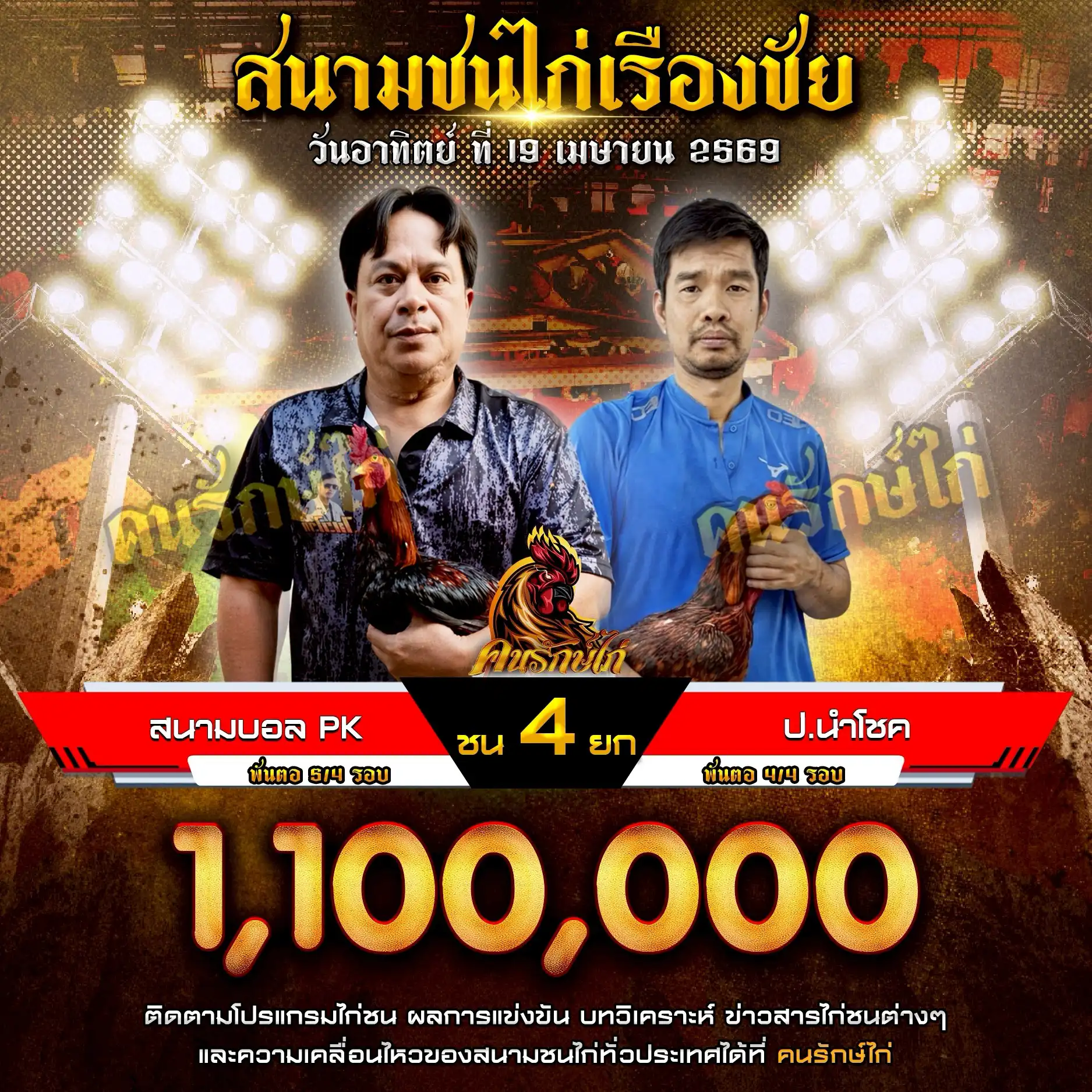 สนามบอล PK VS ป.นำโชค กำหนดชน 4 ยก ชิงเงินรางวัล 1,100,000 บาท 19 เมษายน 2569
