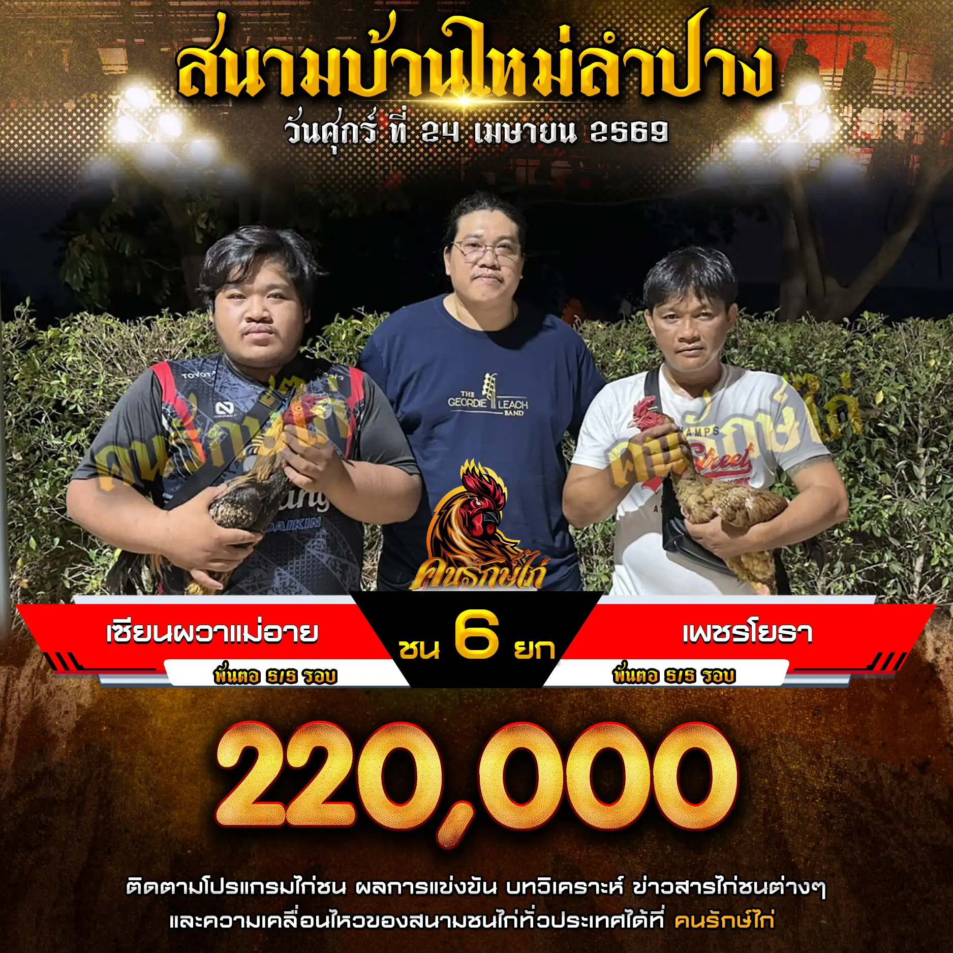 เซียนผวาแม่อาย VS เพชรโยธา กำหนดชน 6 ยก ชิงเงินรางวัล 220,000 บาท 24 เมษายน 2569
