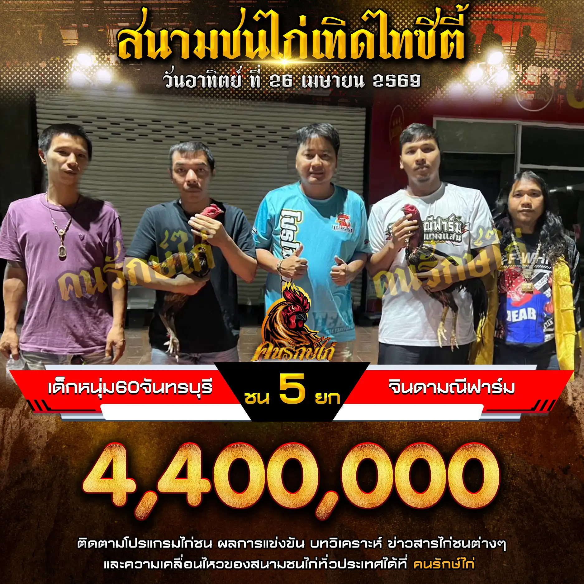 เด็กหนุ่ม 60 จันทร์บุรี VS จินดามณีฟาร์ม กำหนดชน 5 ยก ชิงเงินรางวัล 4,400,000 บาท 26 เมษายน 2569

