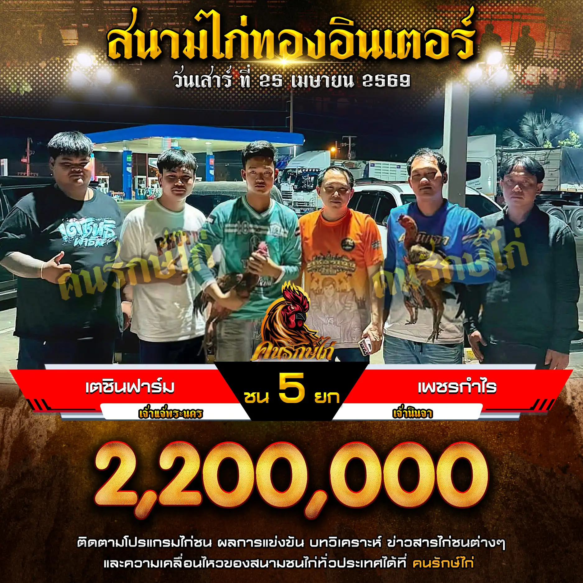 เตชินฟาร์ม VS เพชรกำไร กำหนดชน 5 ยก ชิงเงินรางวัล 2,200,000 บาท 25 เมษายน 2569 
