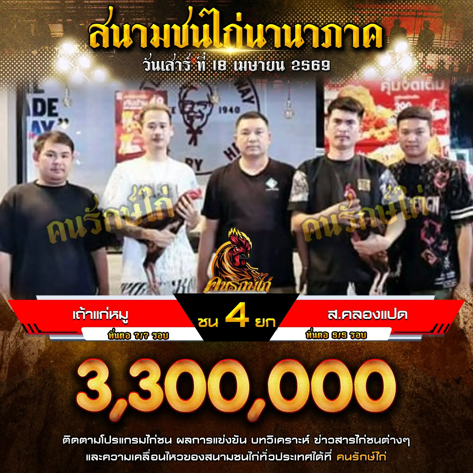 เถ้าแก้หมู VS ส.คลองแปด กำหนดชน 4 ยก ชิงเงินรางวัล 3,300,000 บาท 18 เมษายน 2569 