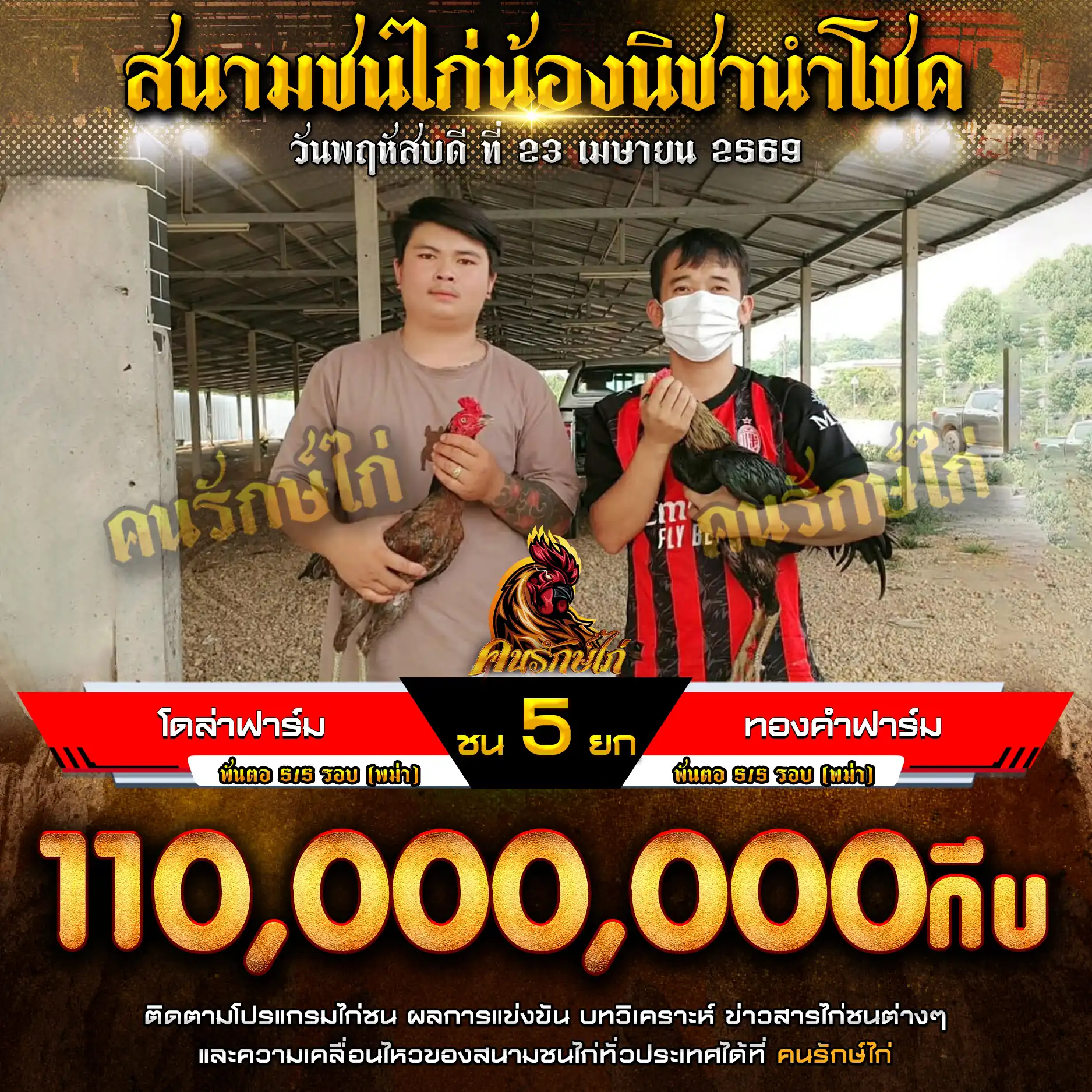 โดล่าฟาร์ม VS ทองคำฟาร์ม กำหนดชน 4 ยก ชิงเงินรางวัล 11,000,000 กีบ โปรแกรมไก่ชน 23 เมษายน 2569
