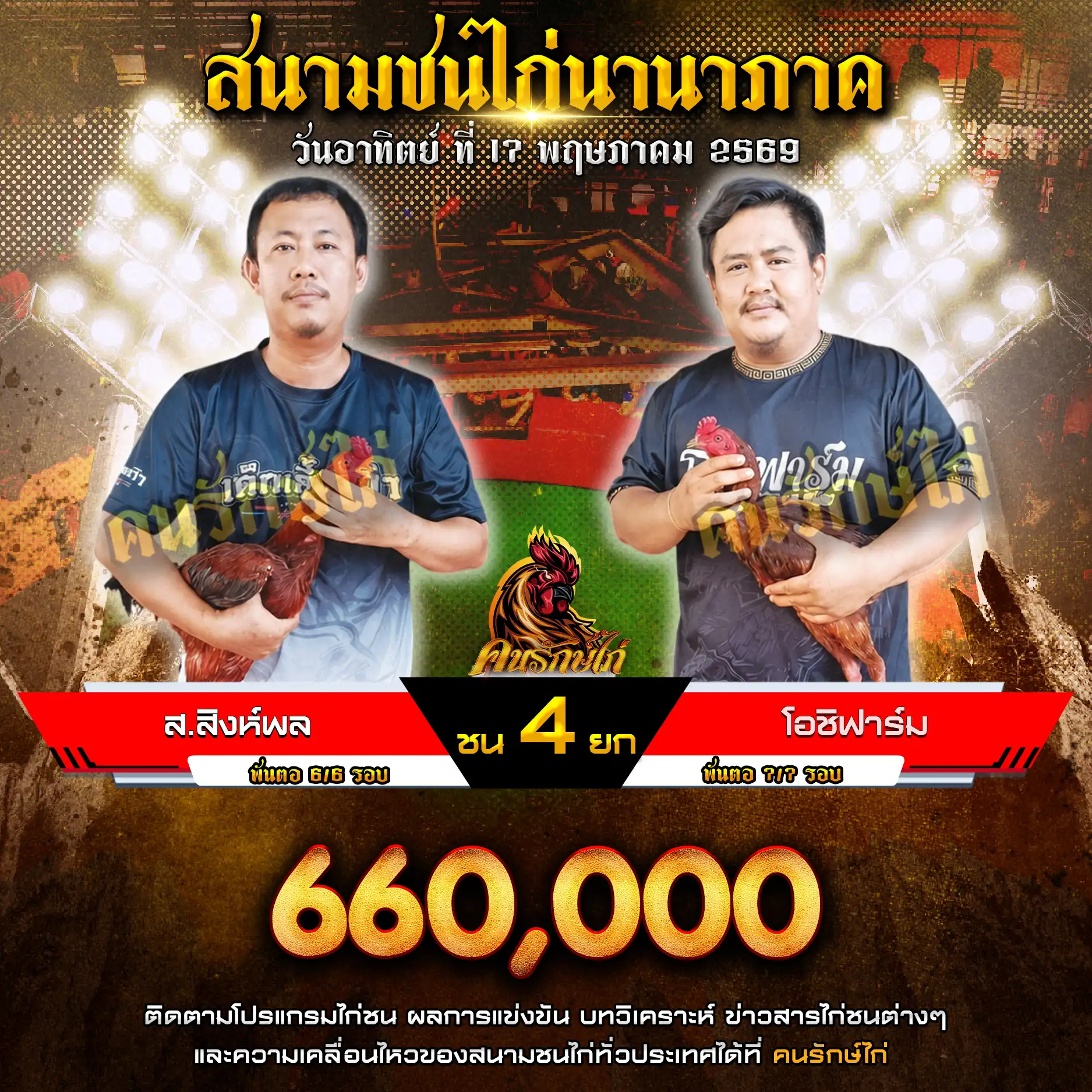 ส.สิงห์พล VS โอชิฟาร์ม กำหนดชน 4 ยก ชิงเงินรางวัล 660,000 บาท 17 พฤษภาคม 2569