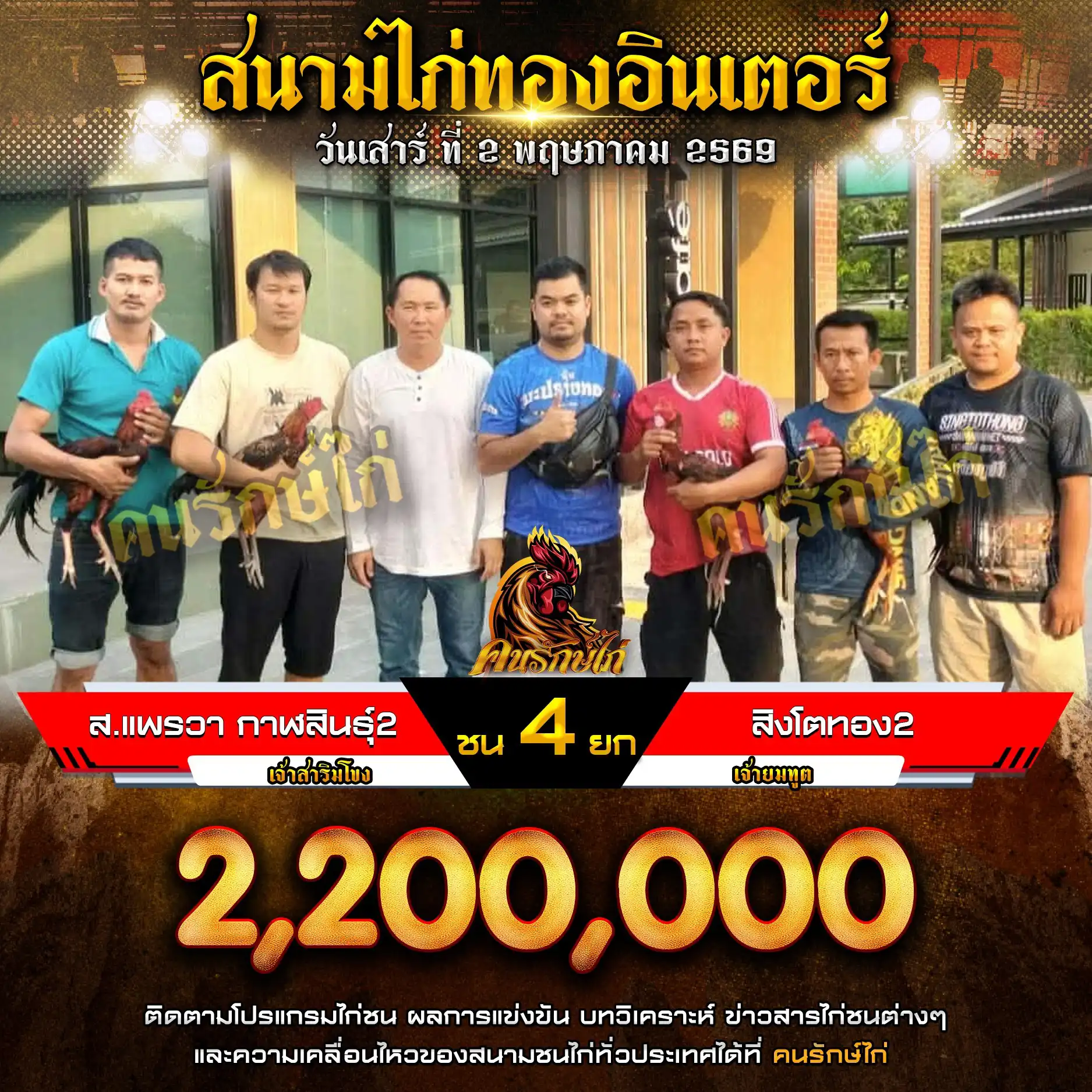 ส.แพรวา กาฬสินธุ์ 2 VS สิงโตทอง 2 กำหนดชน 4 ยก ชิงเงินรางวัล 2,200,000 บาท 02 พฤษภาคม 2569 