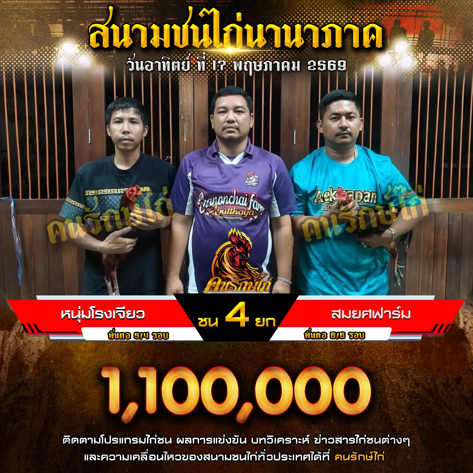 หนุ่มโรงเจียว VS สมยศฟาร์ม กำหนดชน 4 ยก ชิงเงินรางวัล 1,100,000 บาท 17 พฤษภาคม 2569