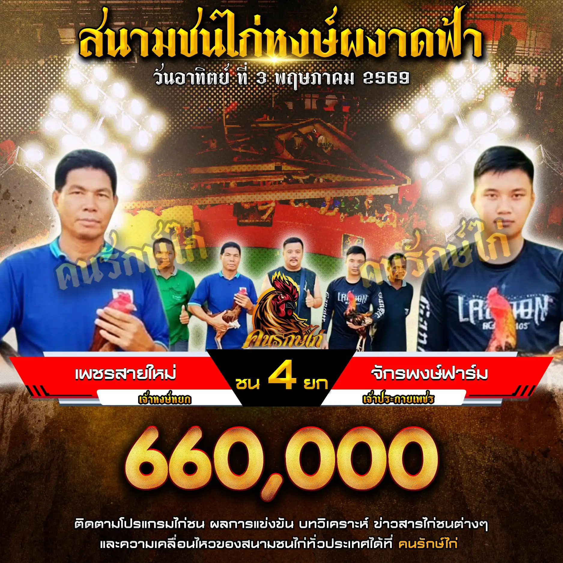เพชรสายใหม่ VS จักรพงษ์ฟาร์ม กำหนดชน 4 ยก ชิงเงินรางวัล 660,000 บาท 03 พฤษภาคม 2569 