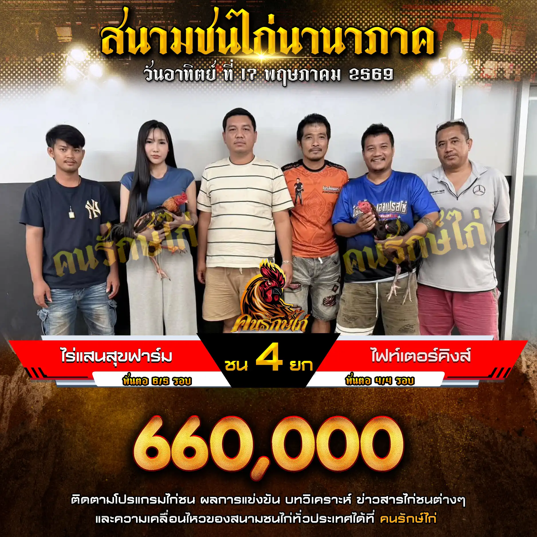 ไร่แสนสุขฟาร์ม VS ไฟท์เตอร์คิงส์ กำหนดชน 4 ยก ชิงเงินรางวัล 660,000 บาท 17 พฤษภาคม 2569
