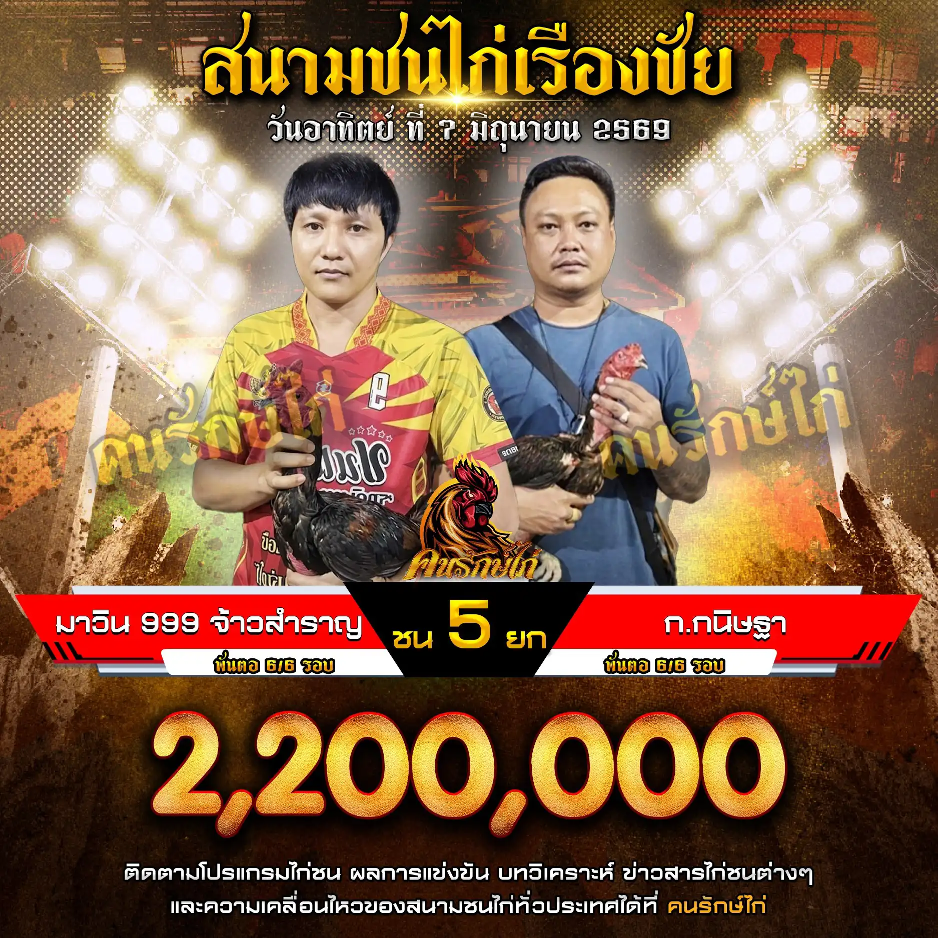 มาวิน 999 จ้าวสำราญ VS ก.กนิษฐา กำหนดชน 5 ยก ชิงเงินรางวัล 2,200,000 บาท 07 มิถุนายน 2569 