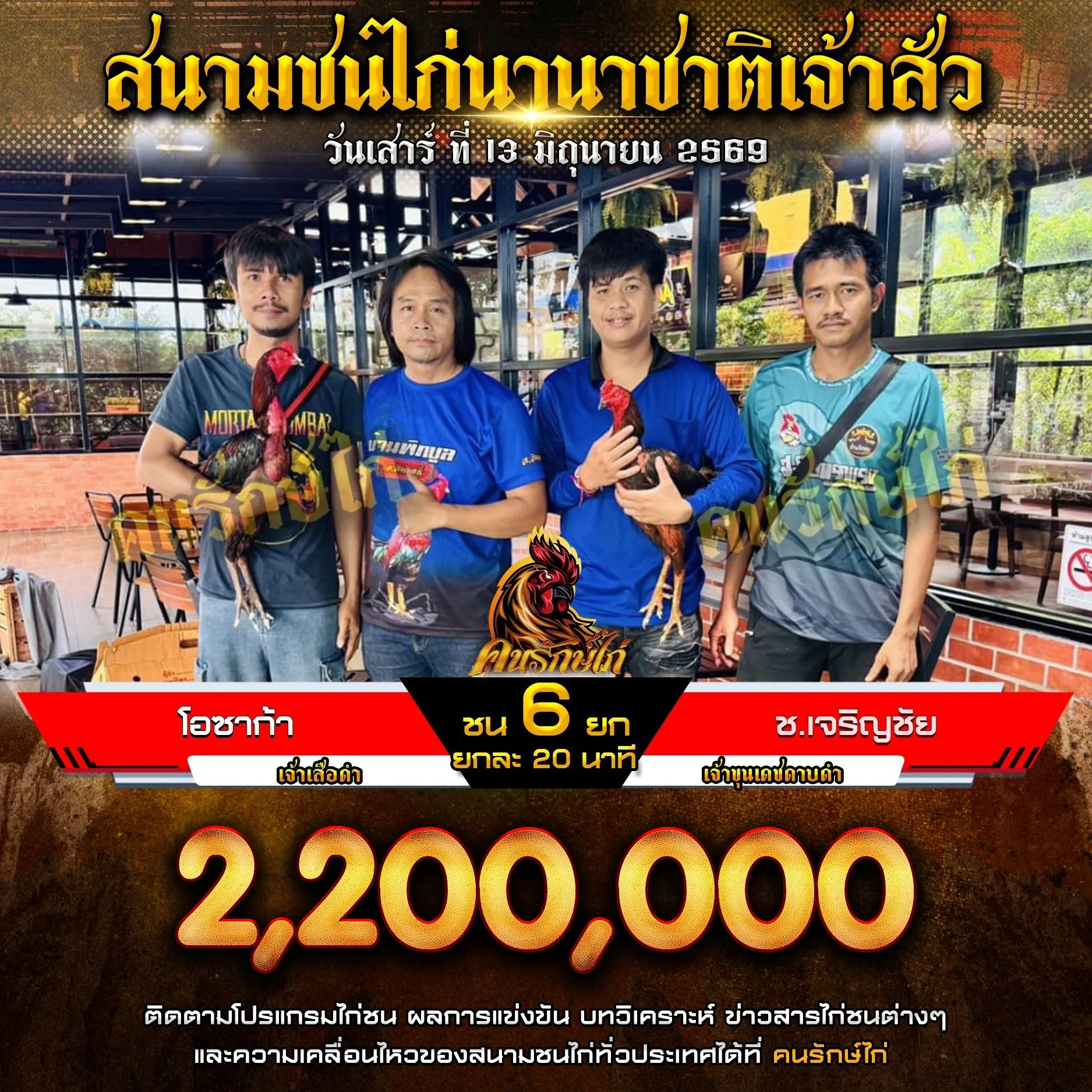 โอซาก้า VS ช.เจริญชัย&มังกรเมืองย่า กำหนดชน 5(ยกละ 20 นาที) ยก ชิงเงินรางวัล 2,200,000 บาท 13 มิถุนายน 2569