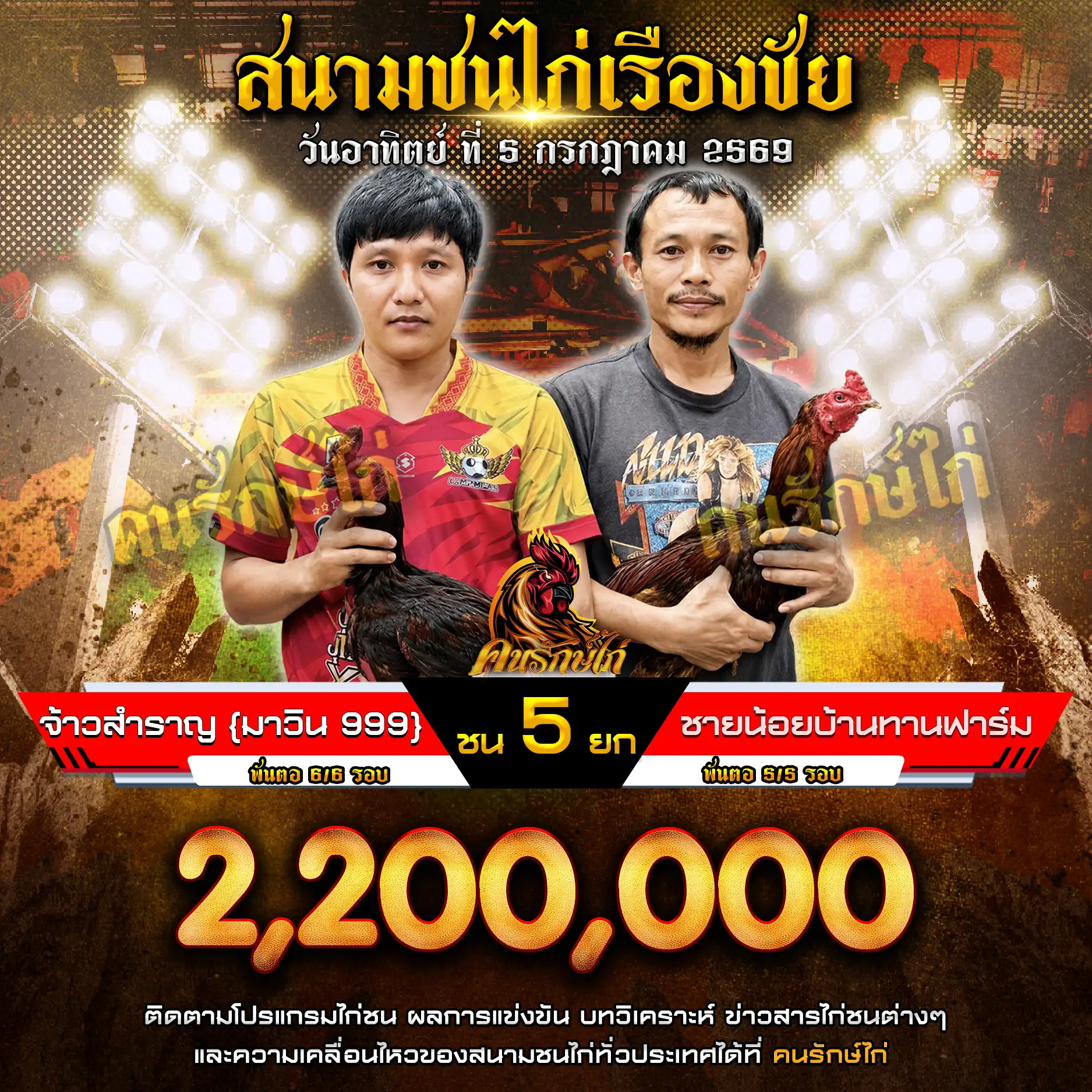 จ้าวสำราญ (มาวิน 999) VS ชายน้อย บ้านทานฟาร์ม กำหนดชน 5 ยก ชิงเงินรางวัล 2,200,000 บาท 05 กรกฎาคม 2569