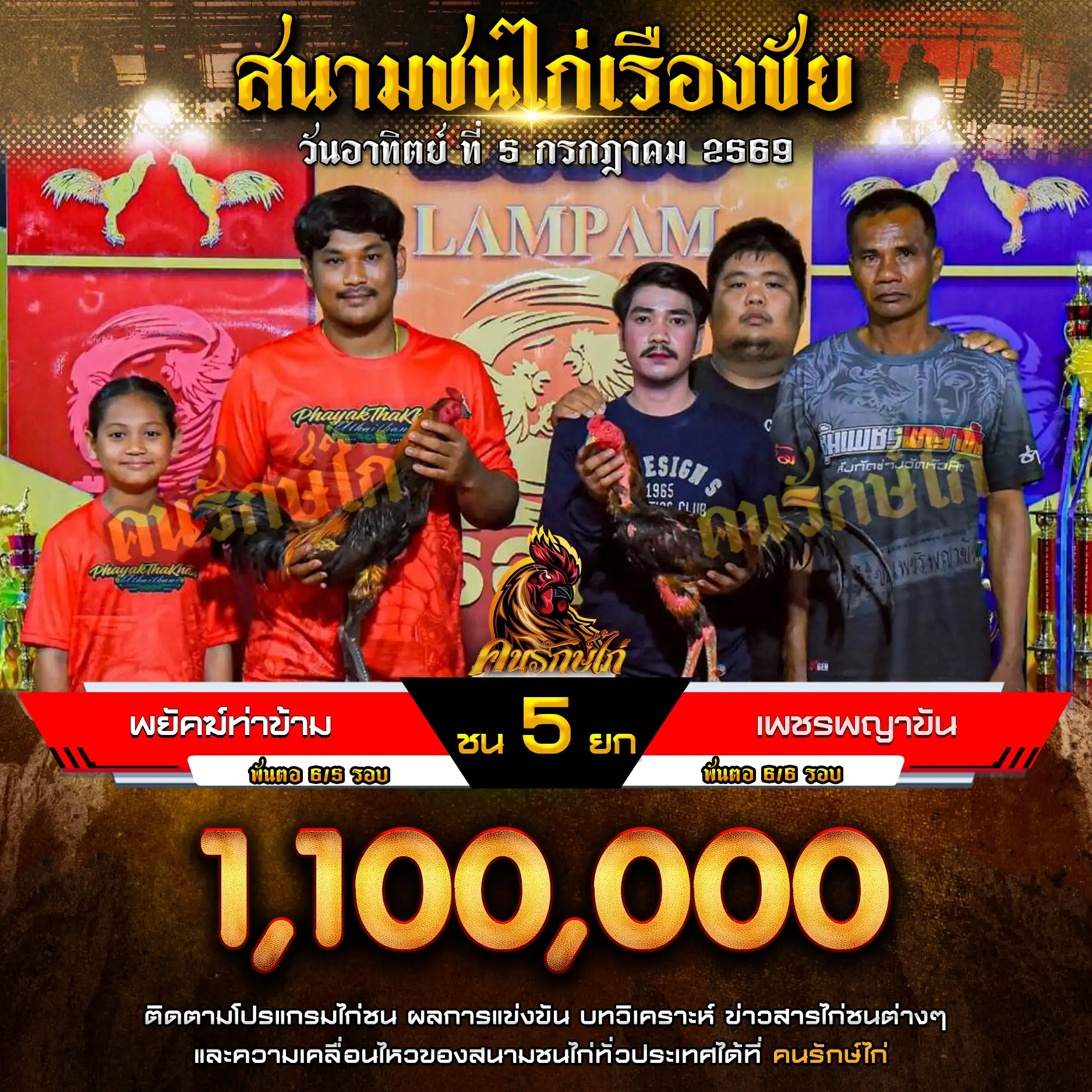 พยัคฆ์ท่าข้าม VS เพชรพญาขัน กำหนดชน 5 ยก ชิงเงินรางวัล 1,100,000 บาท 05 กรกฎาคม 2569