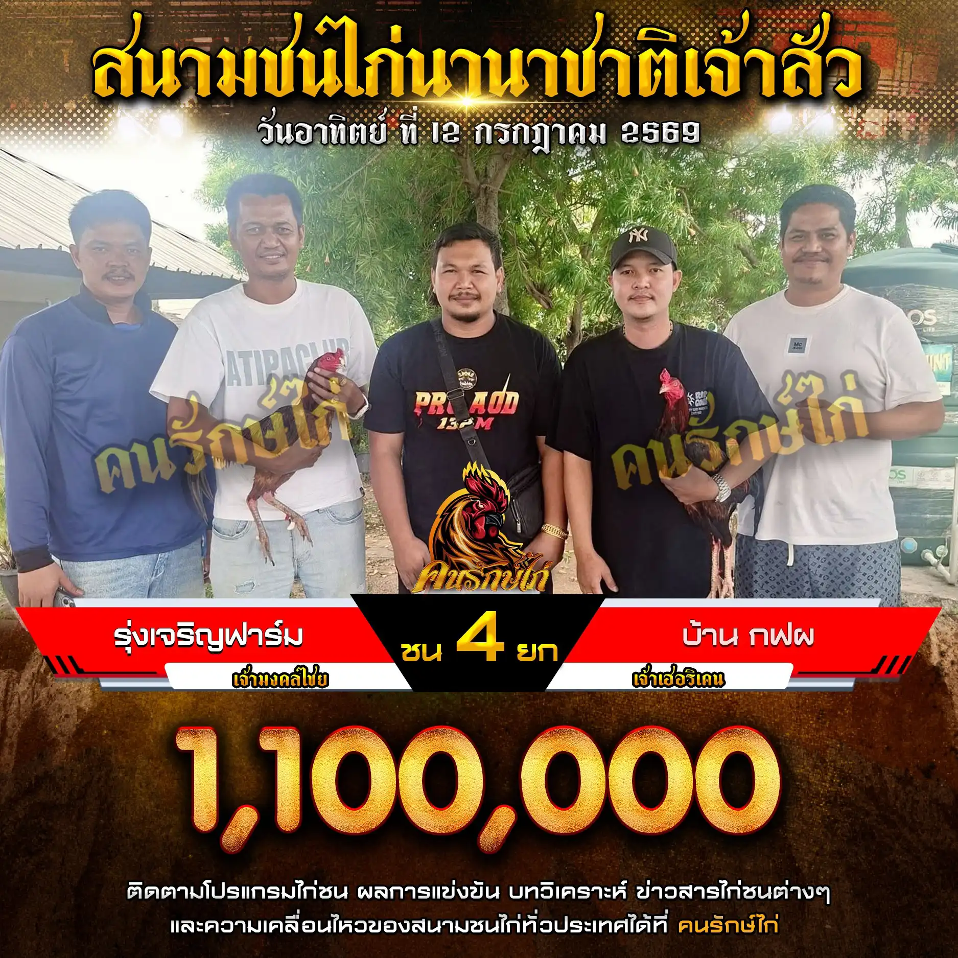 รุ่งเจริญฟาร์ม VS บ้าน กฟฝ กำหนดชน 4 ยก ชิงเงินรางวัล 1,100,00 บาท 12 กรกฎาคม 2569
