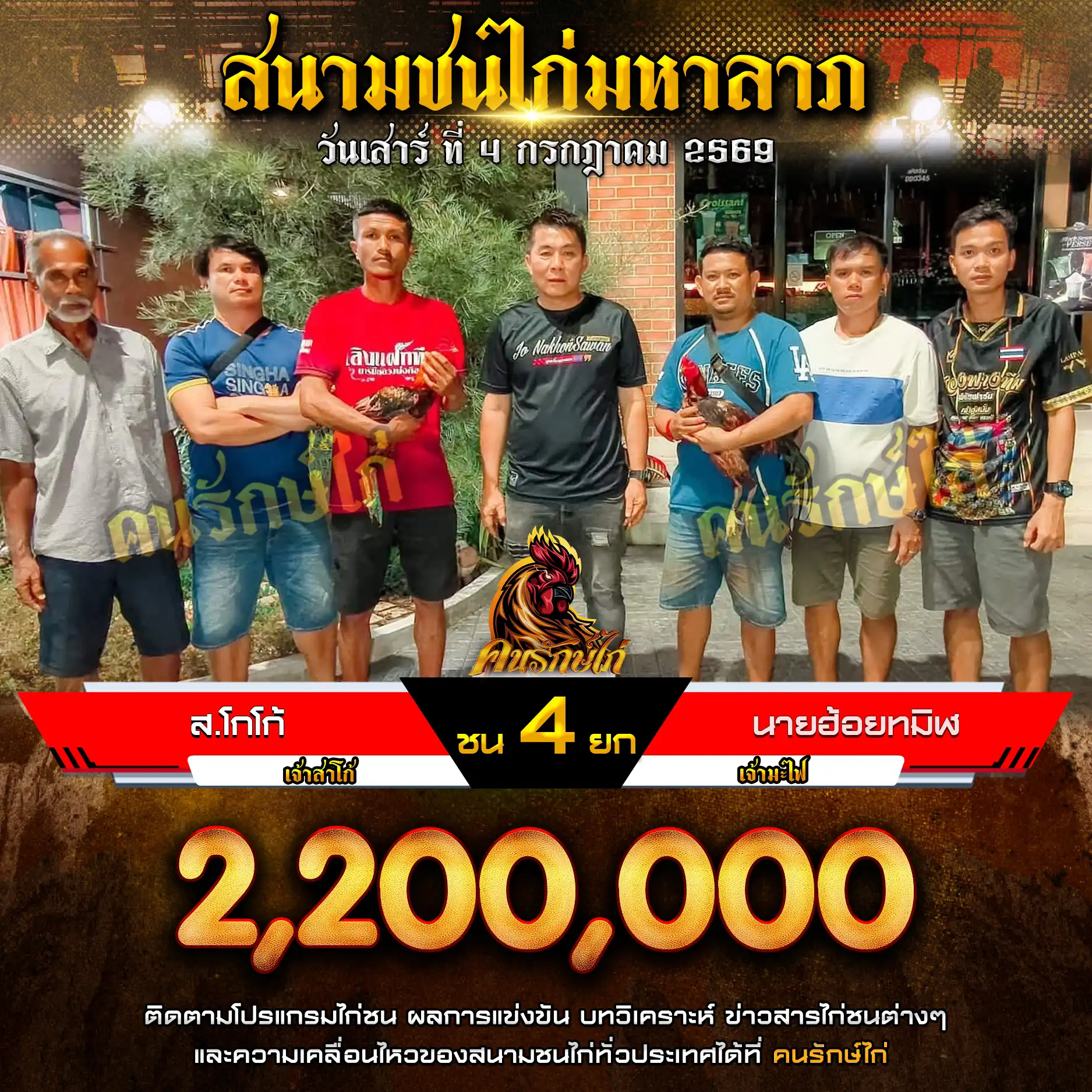 ส.โกโก้ VS นายฮ้อยทมิฬ กำหนดชน 4 ยก ชิงเงินรางวัล 2,200,000 บาท 04 กรกฎาคม 2569
