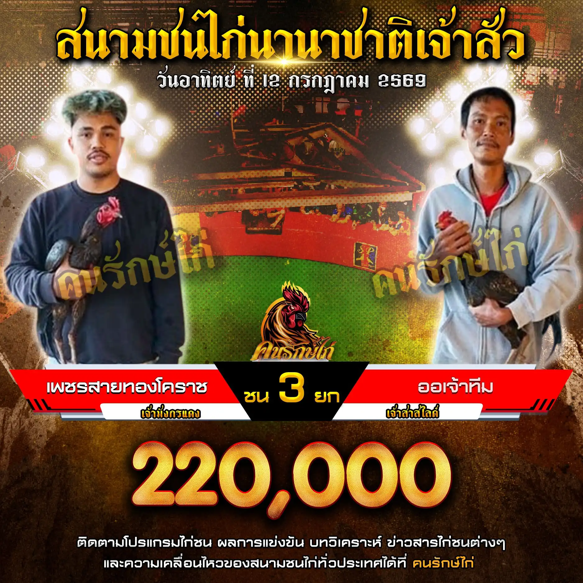 เพชรสายทองโคราช VS ออเจ้าทีม กำหนดชน 3 ยก ชิงเงินรางวัล 220,000 บาท 12 กรกฎาคม 2569
