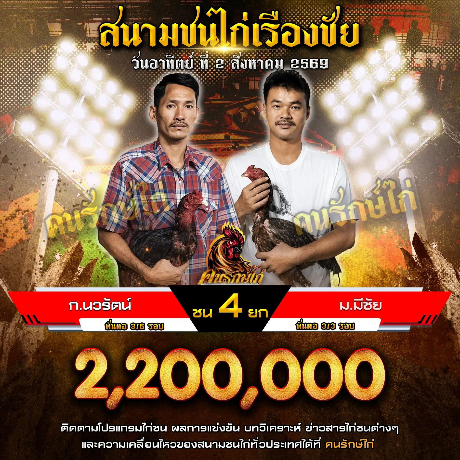 ก.นวรัตน์ VS ม.มีชัย กำหนดชน 4 ยก ชิงเงินรางวัล 2,200,000 บาท 02 สิงหาคม 2569
