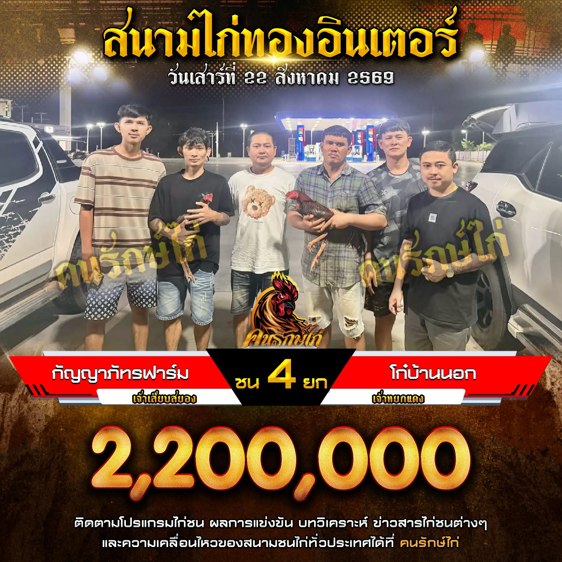 กัญญาภัทรฟาร์ม VS โก๋บ้านนอก กำหนดชน 4 ยก ชิงเงินรางวัล 2,200,000 บาท 22 สิงหาคม 2569 