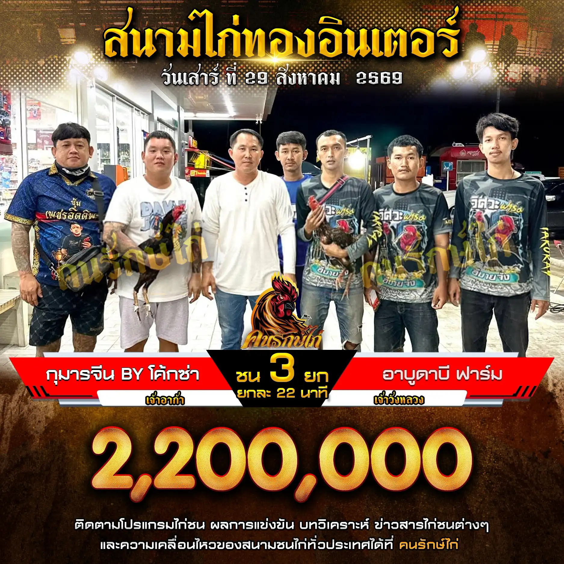 กุมารจีน BY โค้กซ่า VS อาบูดาบีฟาร์ม กำหนดชน 3 ยก ชิงเงินรางวัล 2,200,000 บาท 29 สิงหาคม 2569
