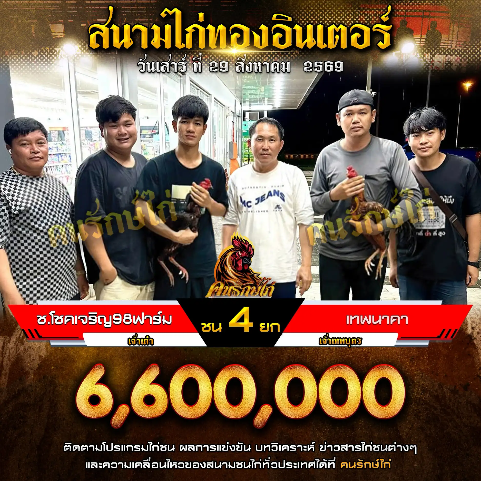 ช.โชคเจริญ98ฟาร์ม VS เทพนาคา กำหนดชน 4 ยก ชิงเงินรางวัล 6,600,000 บาท 29 สิงหาคม 2569
