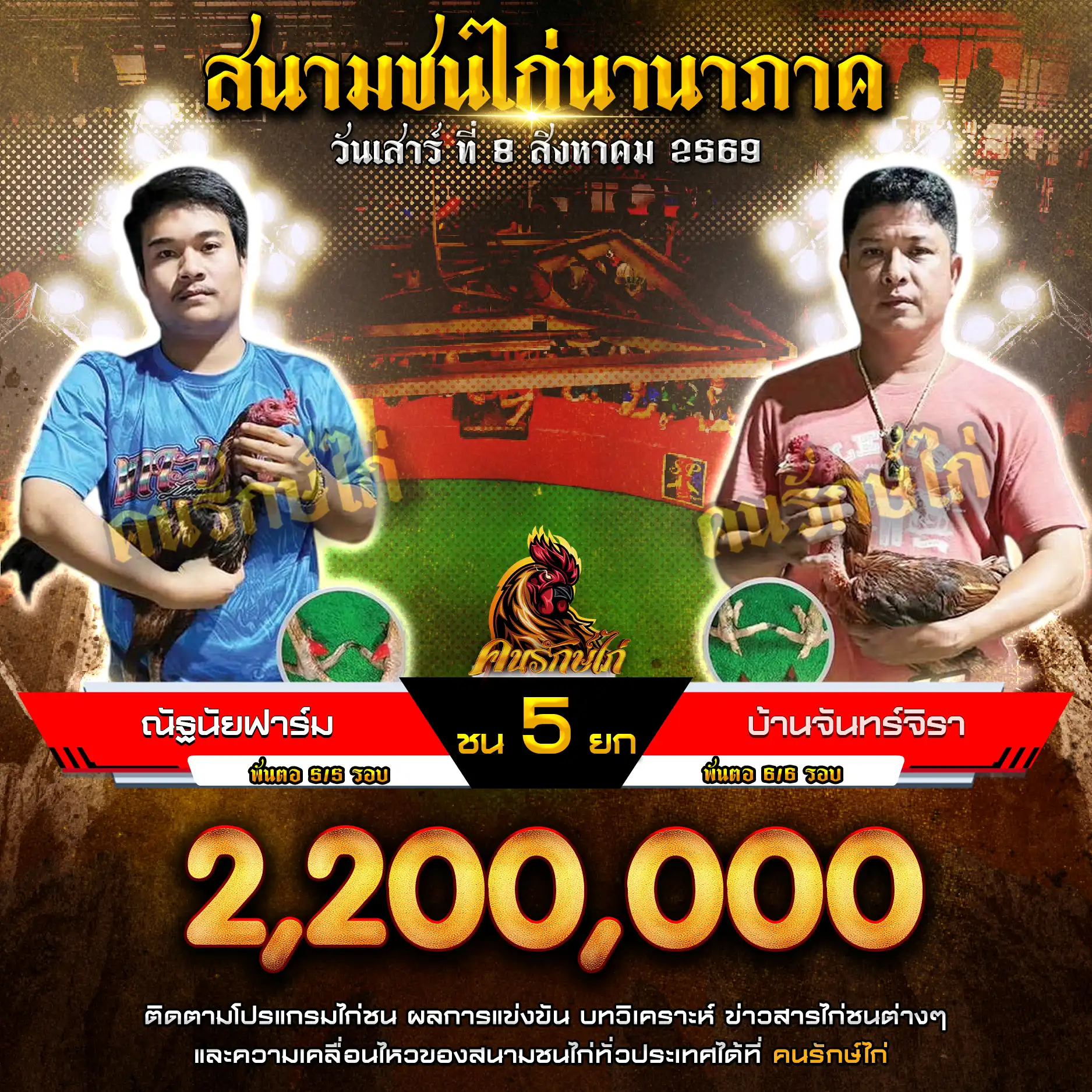 ณัฐนัยฟาร์ม VS บ้านจันทร์จิรา กำหนดชน 5 ยก ชิงเงินรางวัล 2,200,000 บาท 08 สิงหาคม 2569