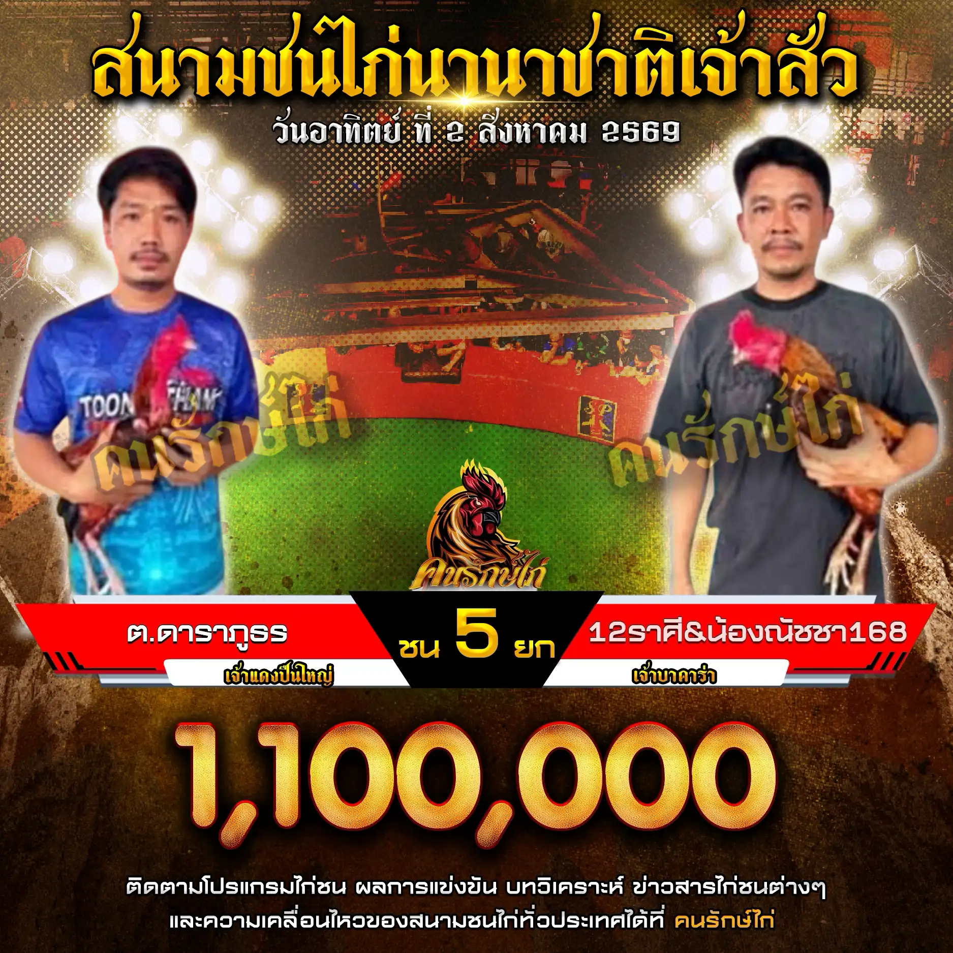 ต.ดาราภูธร VS 12 ราศี&น้องณัชชา168 กำหนดชน 5 ยก ชิงเงินรางวัล 1,100,000 บาท 02 สิงหาคม 2569
