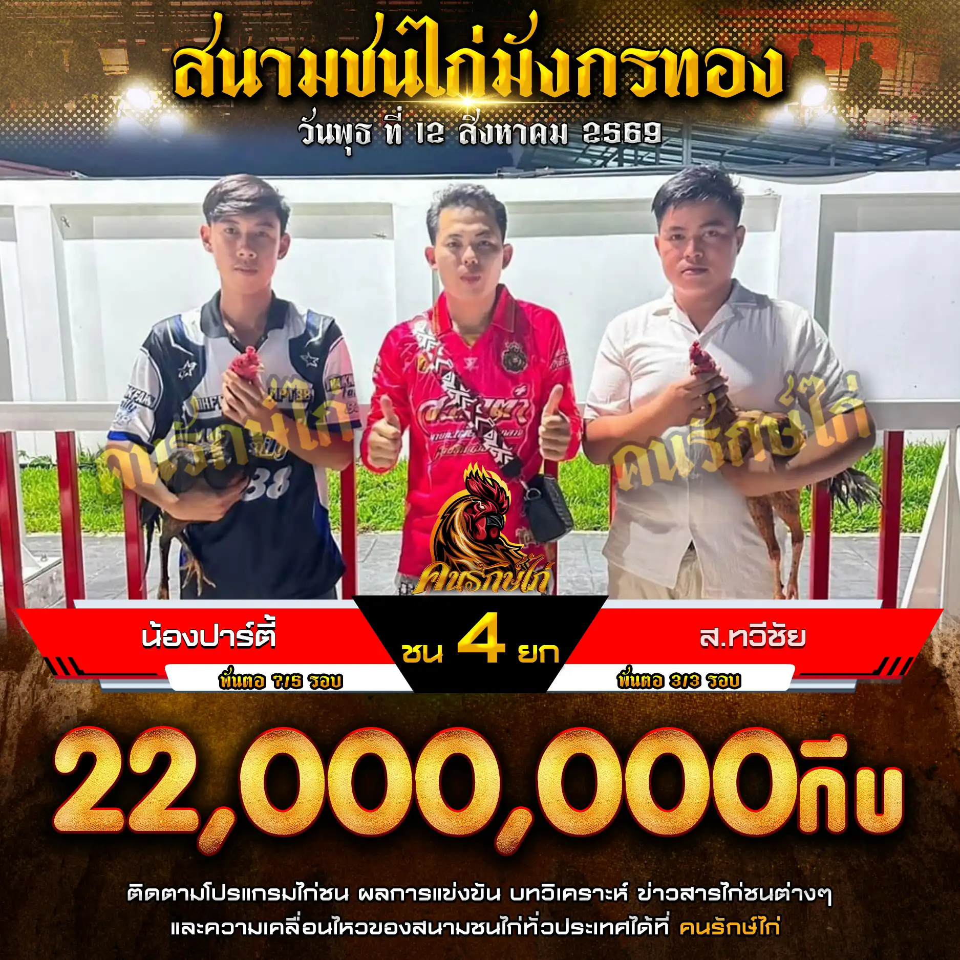 น้องปาร์ตี้ VS ส.ทวีชัย กำหนดชน 4 ยก ชิงเงินรางวัล 22,000,000 บาท 12 สิงหาคม 2569 