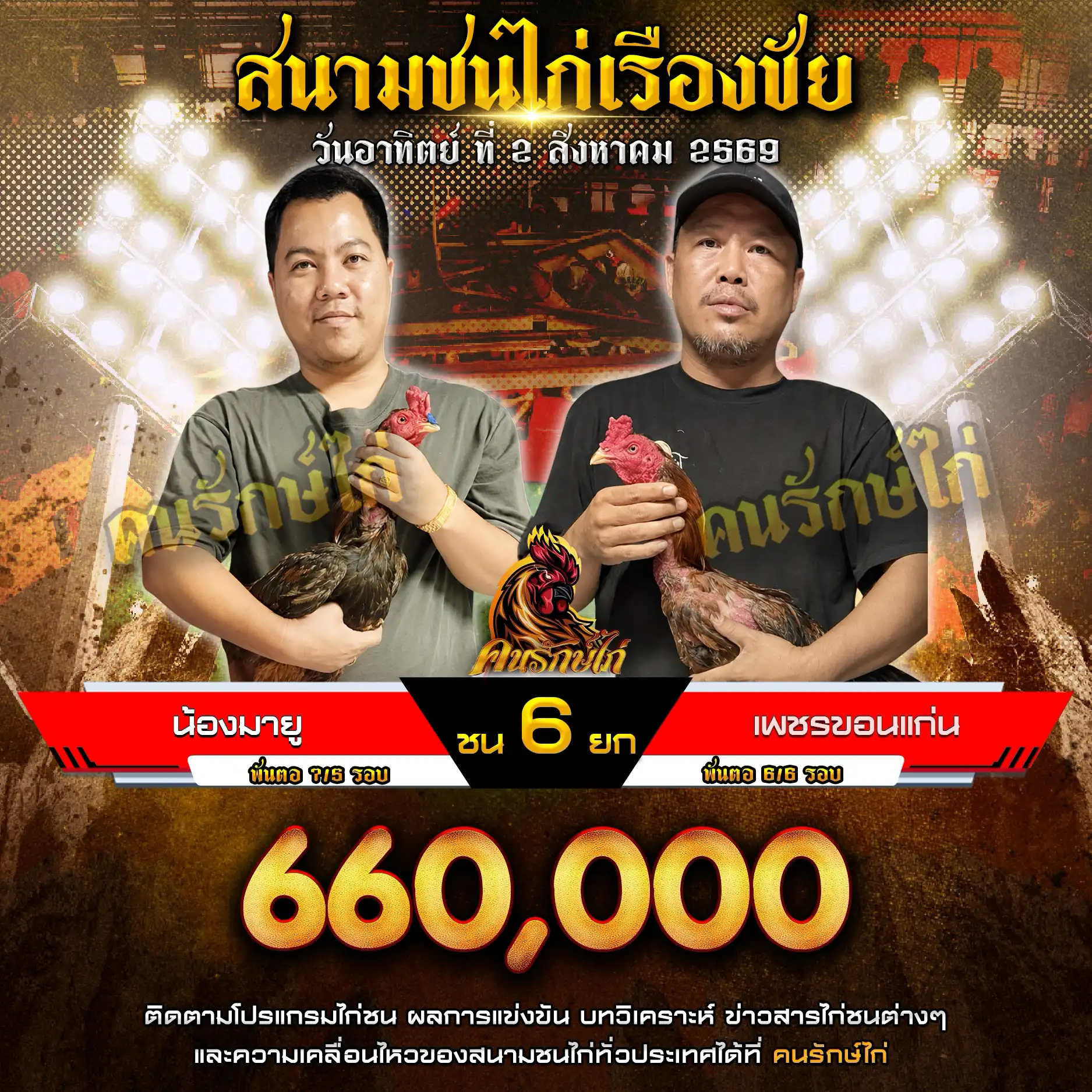 น้องมายู VS เพชรขอนแก่น กำหนดชน 6 ยก ชิงเงินรางวัล 660,000 บาท 02 สิงหาคม 2569
