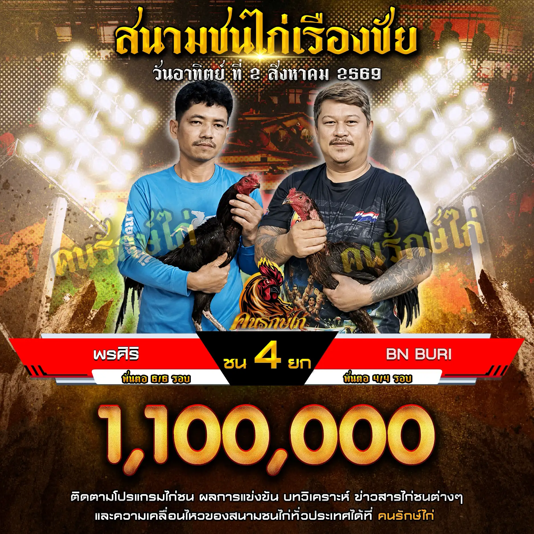 พรศิริ VS BN Buri กำหนดชน 4 ยก ชิงเงินรางวัล 1,100,000 บาท 02 สิงหาคม 2569
