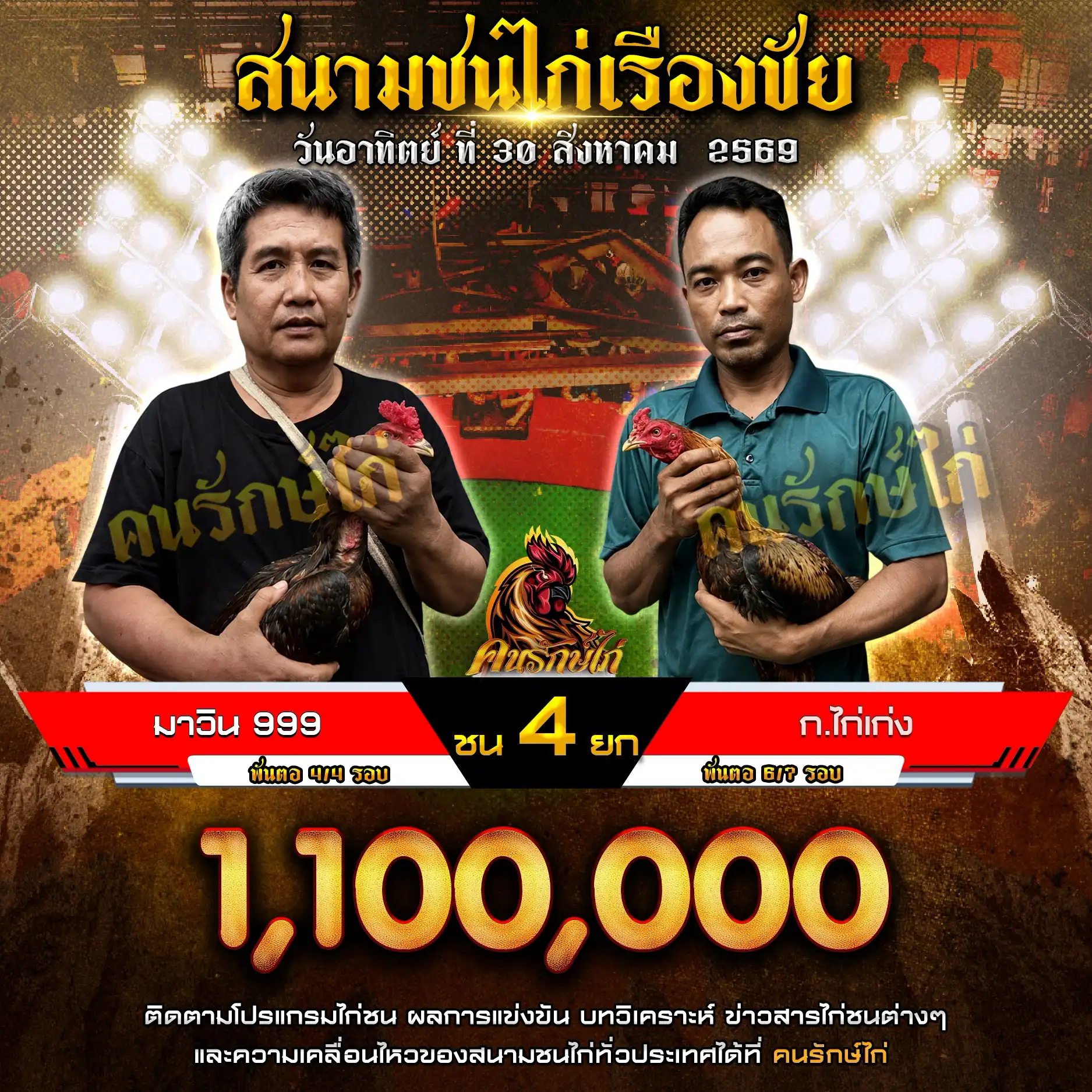 มาวิน 999 VS ก.ไก่เก่ง กำหนดชน 4 ยก ชิงเงินรางวัล 1,100,000 บาท 30 สิงหาคม 2569