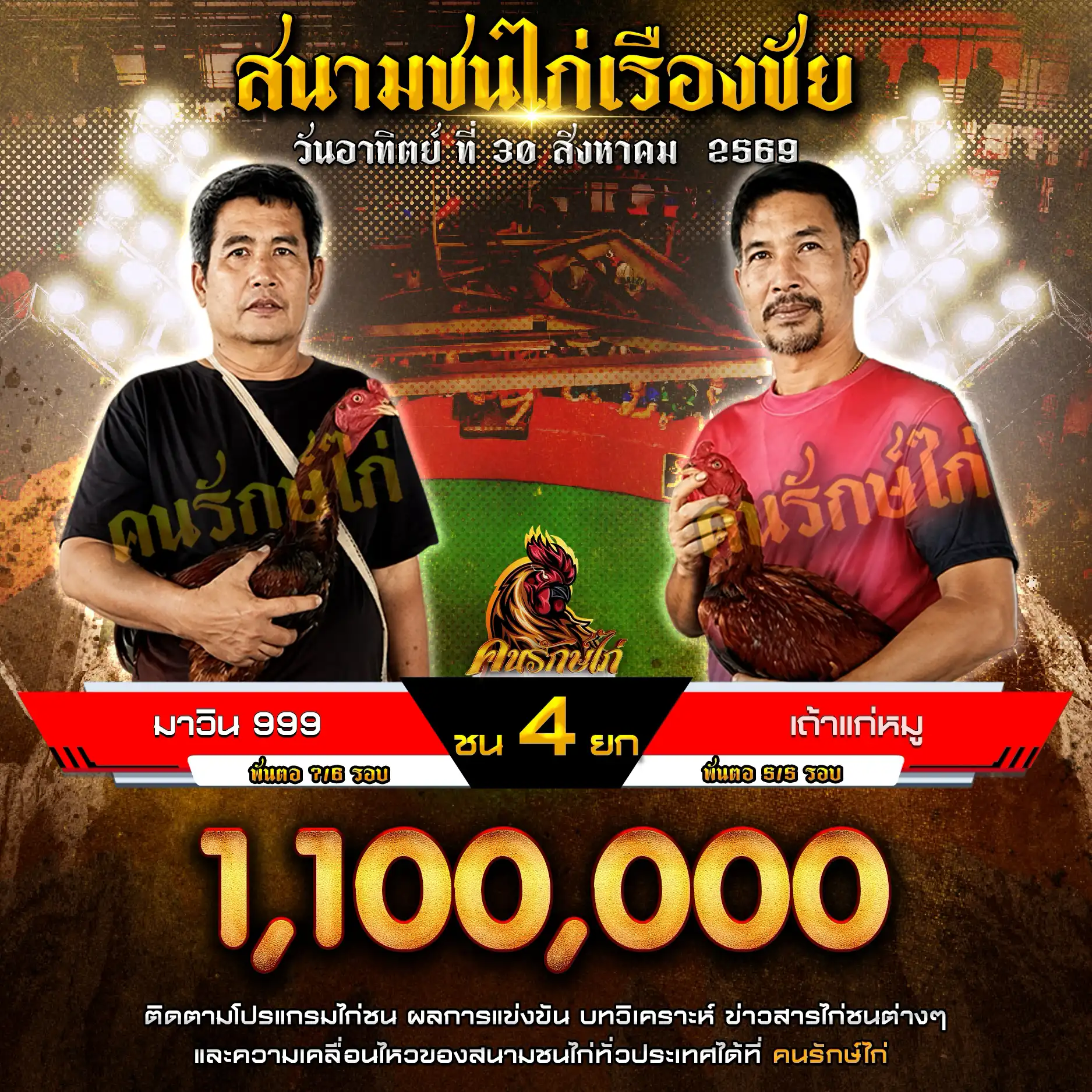 มาวิน 999 VS เถ้าแก่หมู กำหนดชน 4 ยก ชิงเงินรางวัล 1,100,000 บาท 30 สิงหาคม 2569