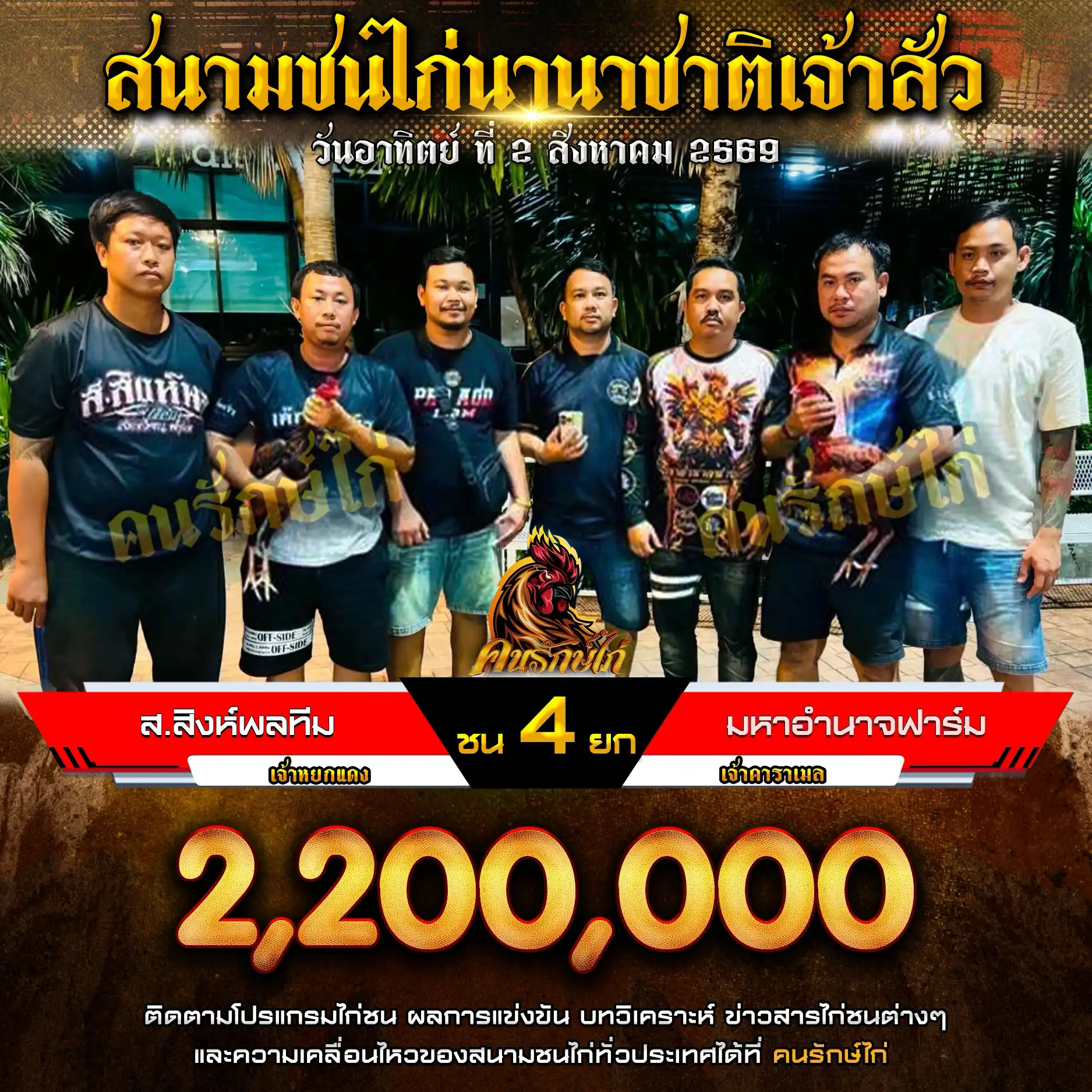 ส.สิงห์พลทีม VS มหาอำนาจฟาร์ม กำหนดชน 4 ยก ชิงเงินรางวัล 2,200,000 บาท 02 สิงหาคม 2569
